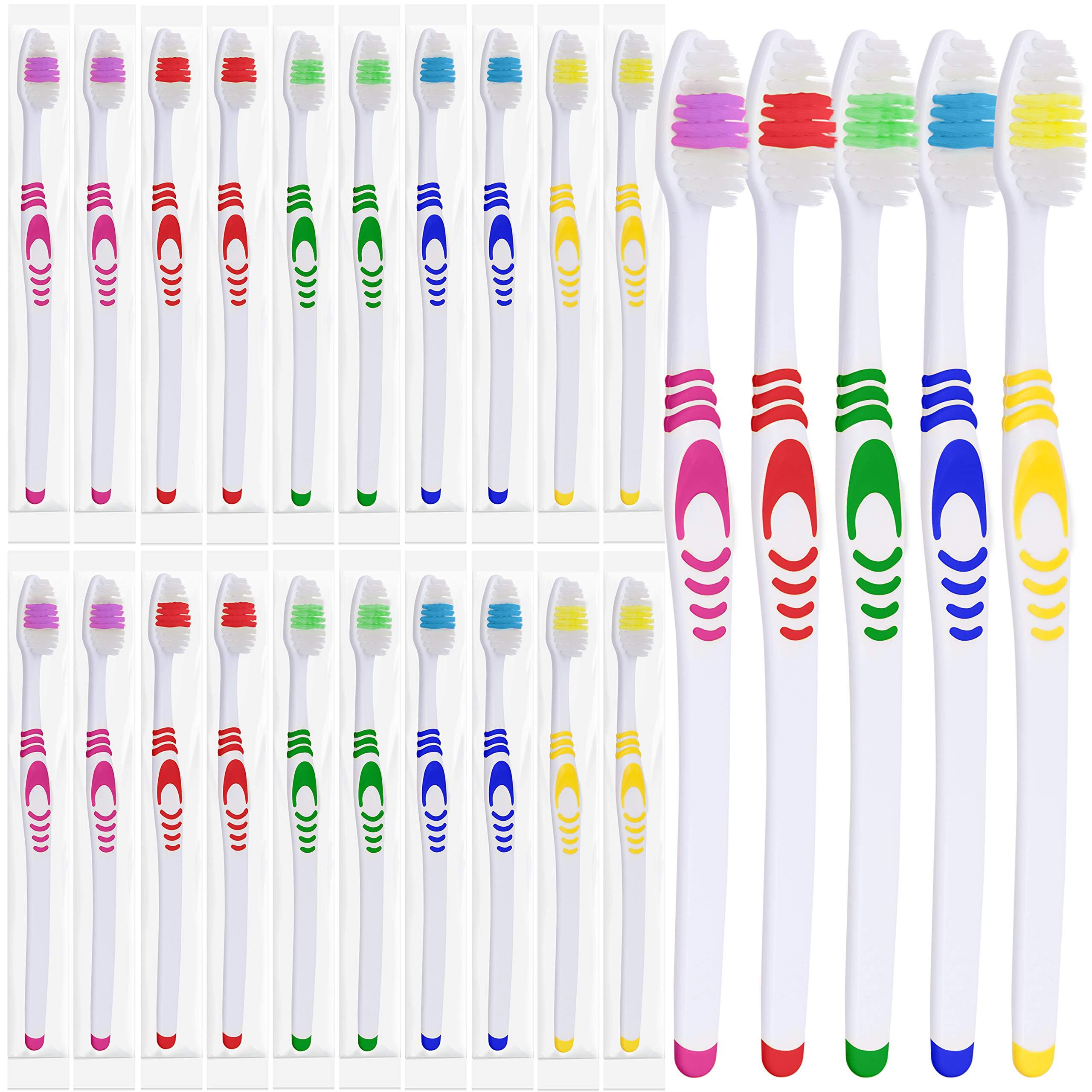 Lingito 25 Bulk Toothbrushes | Individually Wrapped | Manual Disposable Travel Toothbrush Set for Adults or Kids | Made with a Medium-Soft Large Head | Multi-Color | Travel Toiletry Oral Set