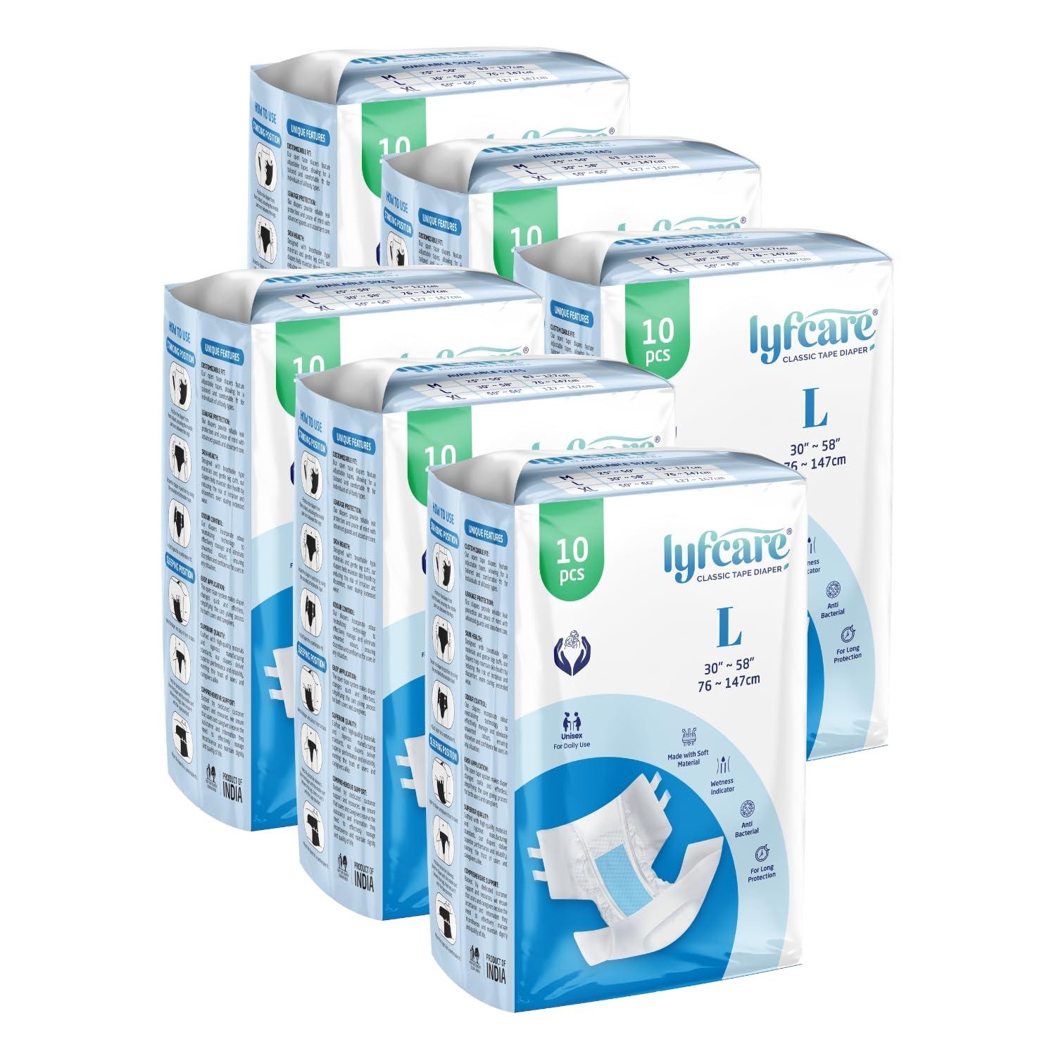 lyfcare Lyfcare Open Tape Adult Diaper Large Size (L) - 60 Units (Pack of 6) | Unisex Diapers Open Tape | Waist (76-147 cm) | Wetness Indicator, Super Absorb, 360 Protection & 0% Leakage | for Men & Women