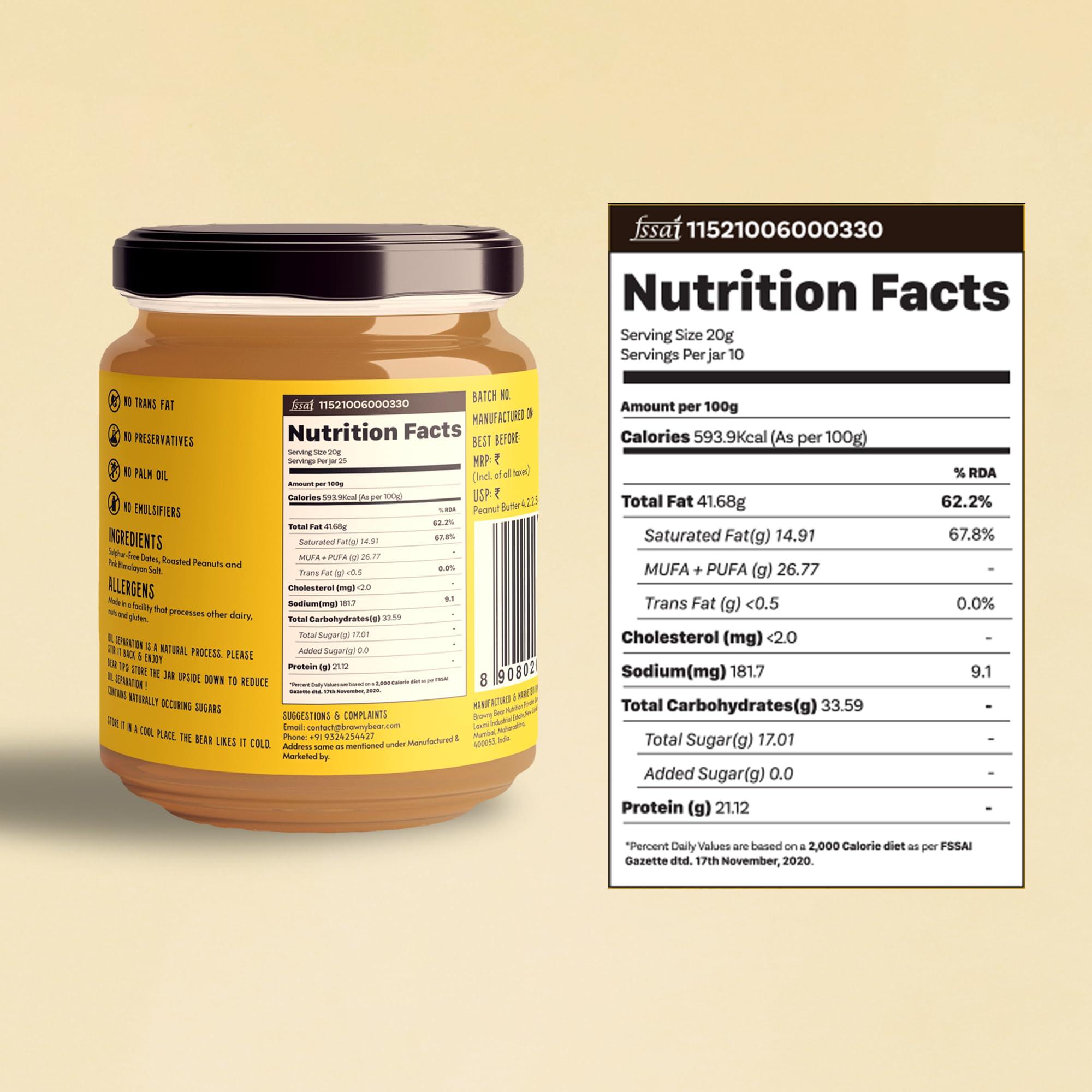 Brawny Bear Brawny Bear Peanut Butter, 100% Natural Sweetened with Dates, Smooth Healthy Nut Butter with No Added Sugar and Preservatives, Low GI, Vegan, High in Protein Spread  200 gm