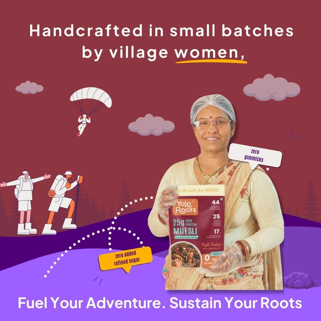 Yolo Roots Yolo Roots High Protein Dark Chocolate Muesli 1 Kg | India\'s 1st 25gm Protein per 100gm Muesli with Premium Whey Protein, 25% Almond, Pumpkin & Cranberry | No Added Refined Sugar | Made in Date Syrup