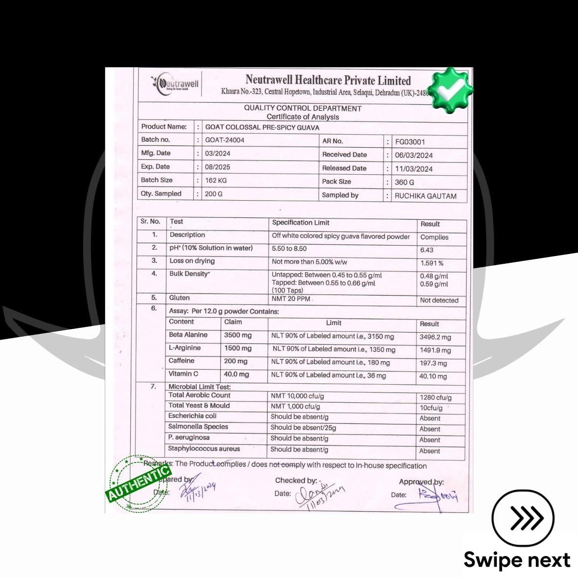 G.O.A.T Fit G.O.A.T Fit Colossal Pre | PreWorkout Powder (Spicy Guava, 12gm - Single Serving) 200mg Caffeine 3.5g Beta-Alanine 3g Citrulline 1.5g Arginine 1g Creatine with Himalayan Pink Salt