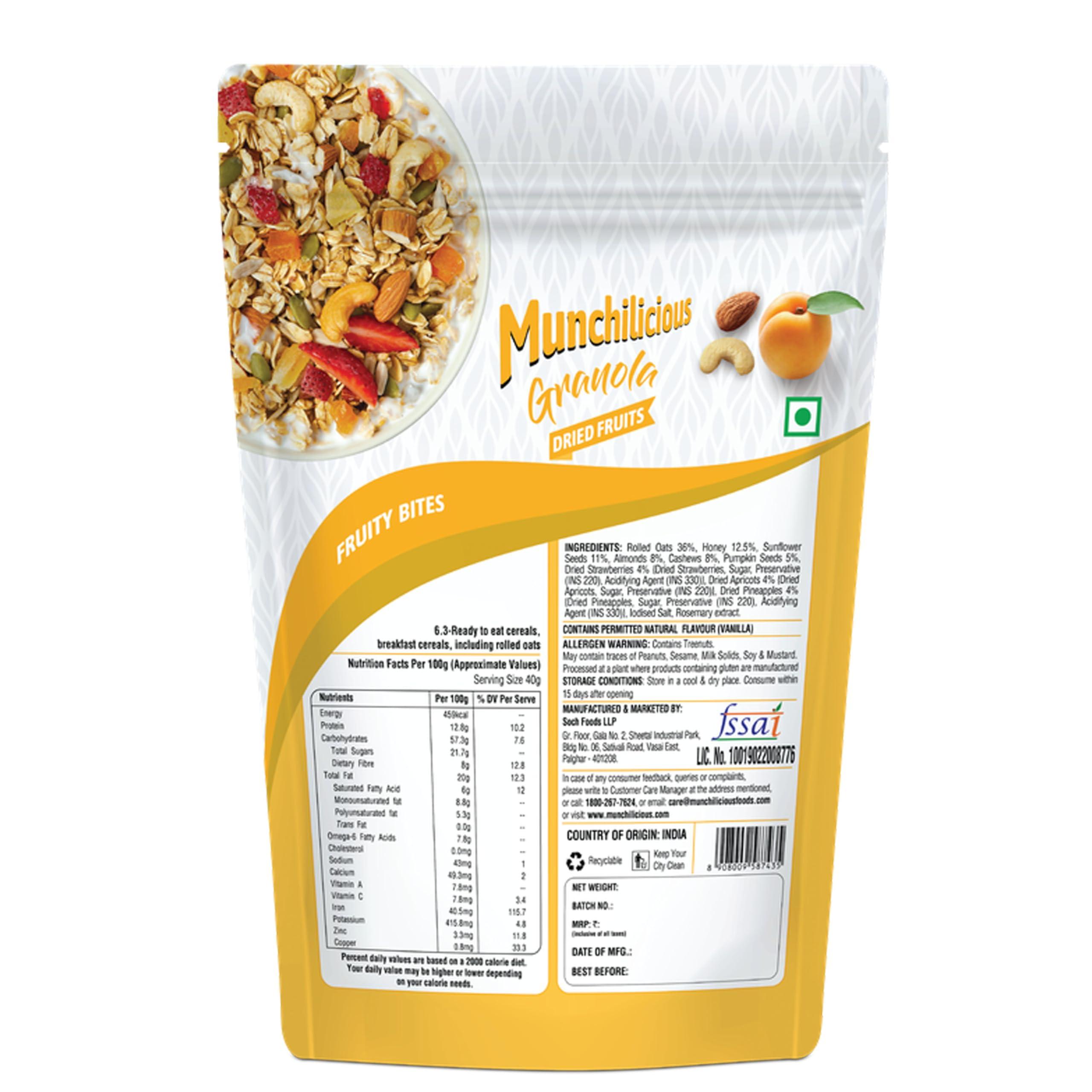 Munchilicious Granola Munchilicious Granola Breakfast Cereal Dried Fruits - 350gm | 82% Nuts, Seeds, Grains & Fruits | High in Protien & Fiber | Source of Omega | Oat Flakes | Ready To Eat Healthy Granola For Breakfast