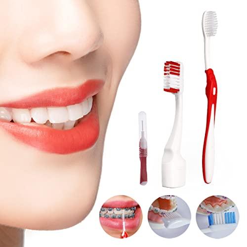 Ceonam Braces Cleaning Kit for Teeth , Portable Orthodontic Toothbrush Kit Oral Care Dental Travel Kit - Interdental Brush Dental Wax Dental Floss Toothbrush Box (Red)