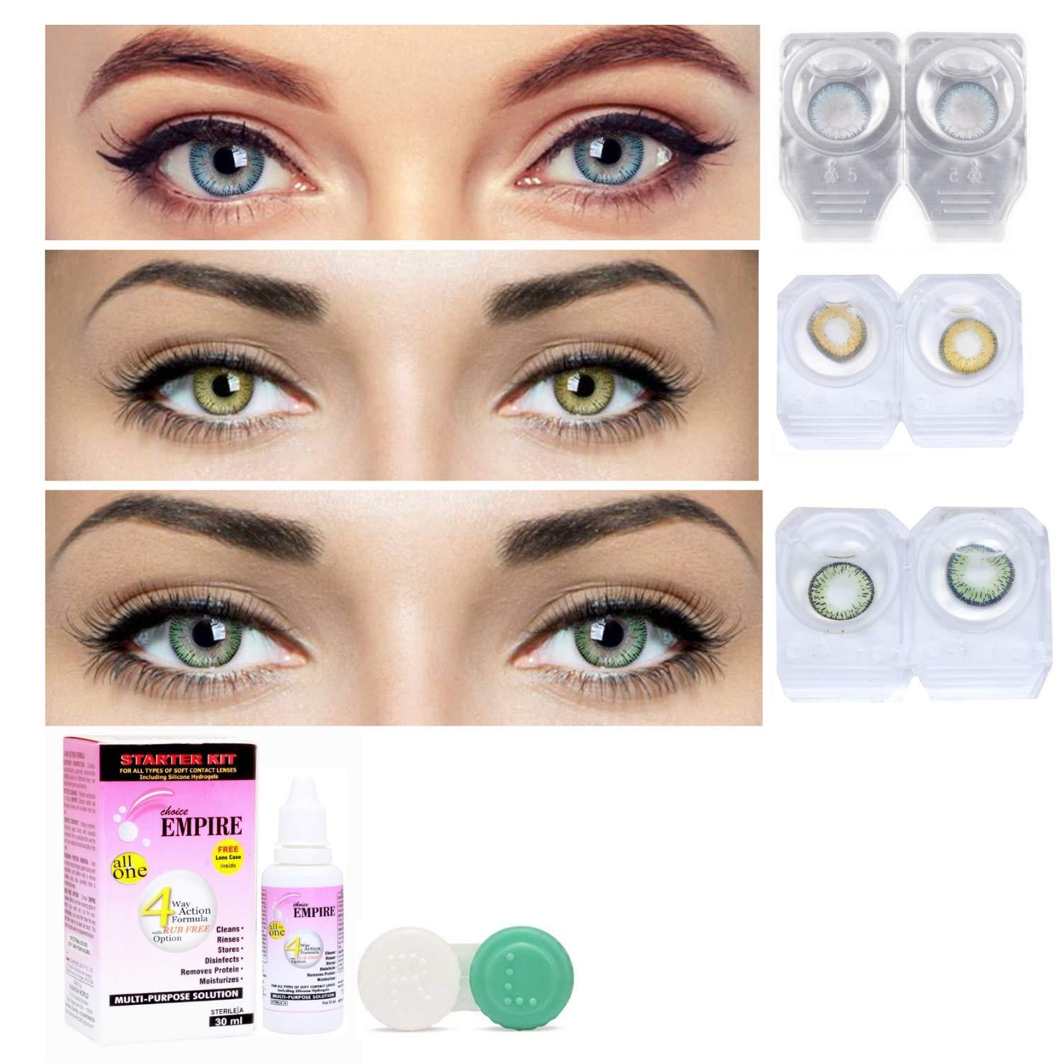 Choice Empire Choice Empire Aqua, Hazel, Green Monthly Contact Lenses 0 Power with Solution for Eye Combo Pack of