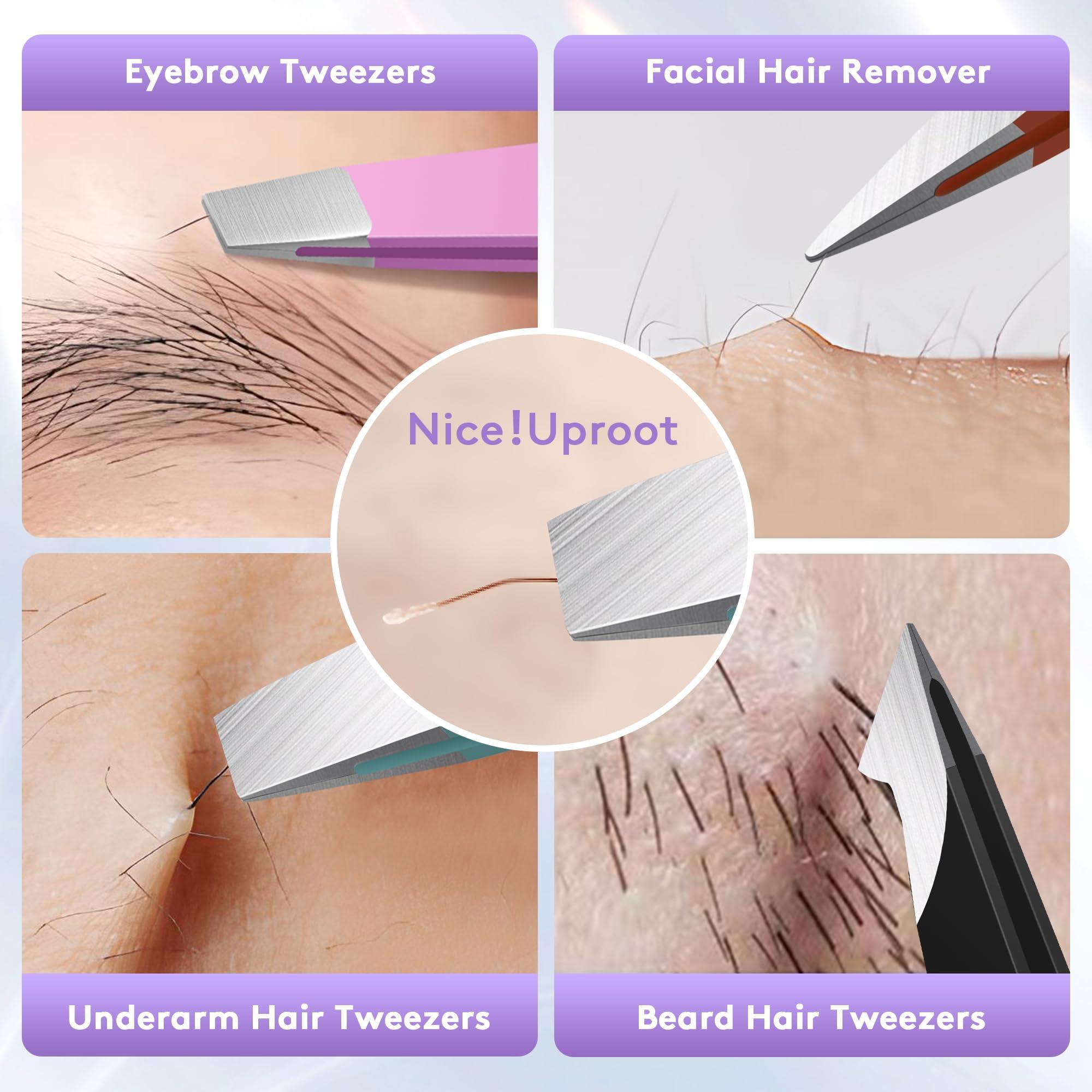 bedace Tweezers For Women,bedace christmas gifts 4 Pack Precision Tweezers For Eyebrows,Professional Slant Tip Tweezer Set For Ingrown Hair, Plucking Daily Beauty Tool with Leather Travel Case