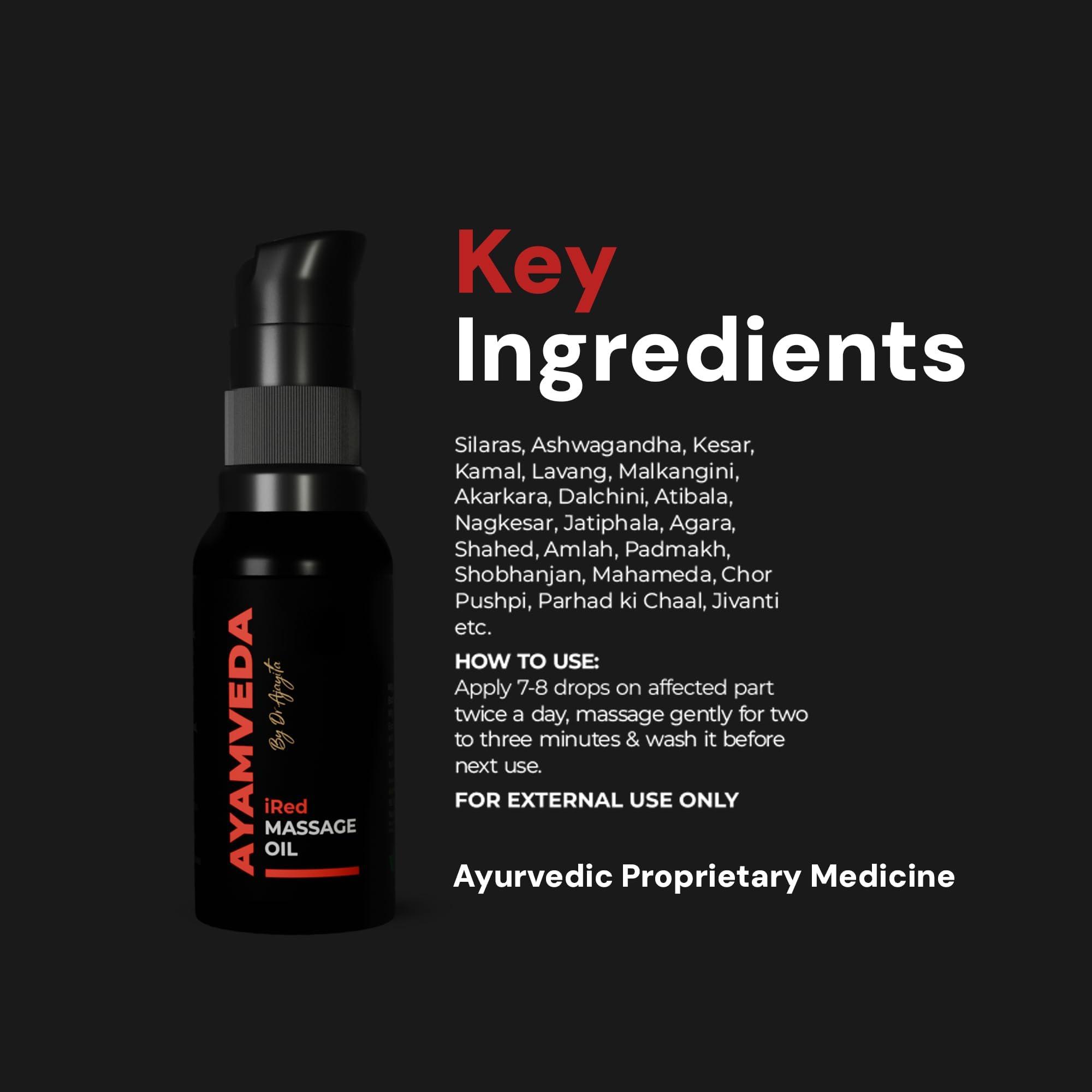 AyamVeda AyamVeda by Dr.Ajayita - iRed Massage Oil For Men with 60+ Premium herbs like Ashwagandha I Strength and Stamina Destroyer of Weakness (60 Days Pack) For External Use Only | No Side Effects