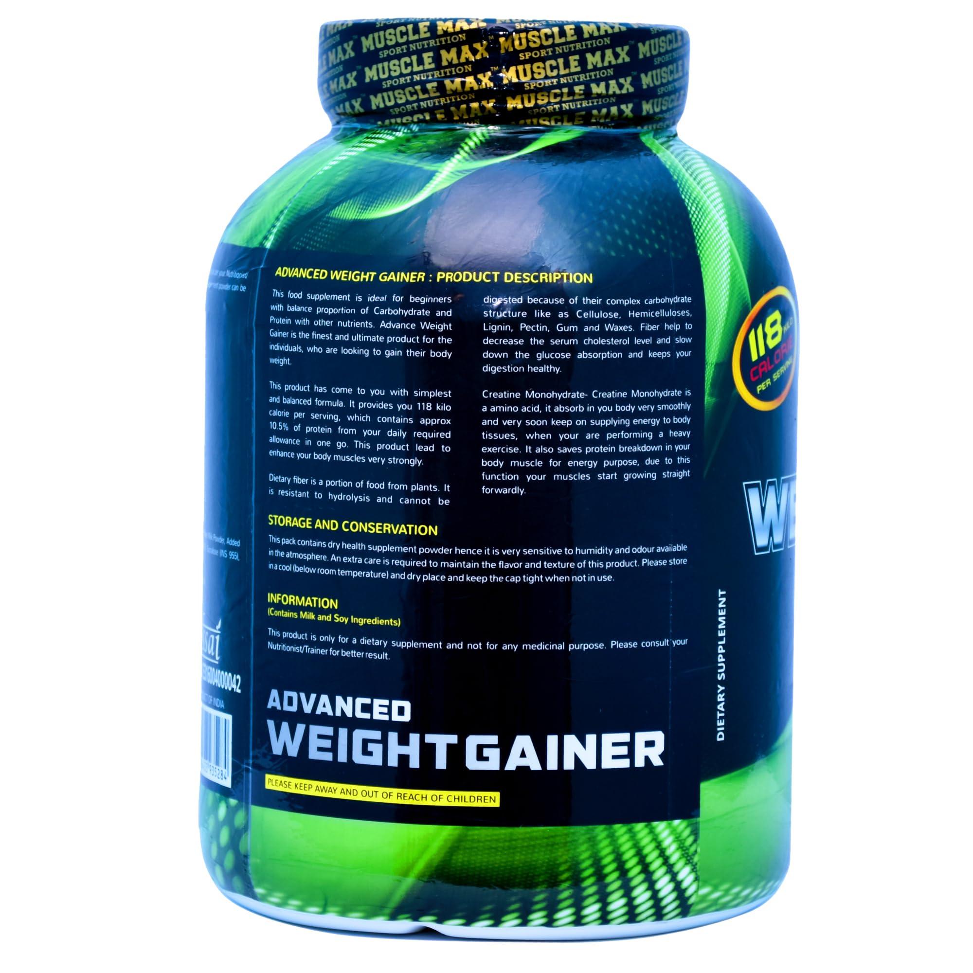 MUSCLE MAX SPORT NUTRITION Muscle Max Advanced Weight Gainer Supplement Powder 3kg weight 6.6lbs 100 Serving per Container with Free Shaker S-shirt (Vanilla)