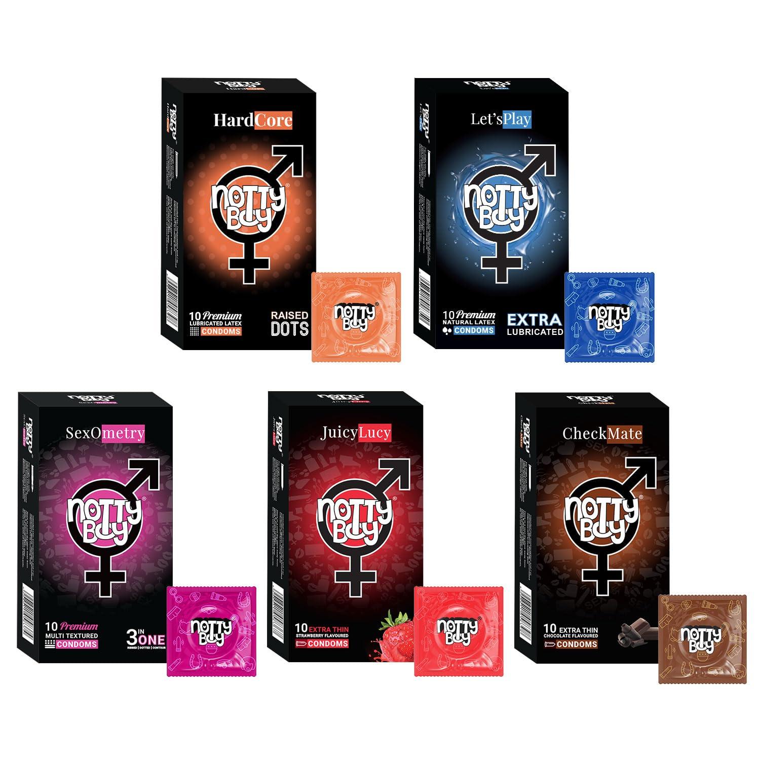 NOTTY BOY NOTTY BOY Condoms Special Honeymoon Pack For Couples - Extra Lubricated, 3-In-One Ribbed, Dotted, Contoured, Raised Dots, Thin Strawberry And Chocolate Flavoured Condom - Pack of 50