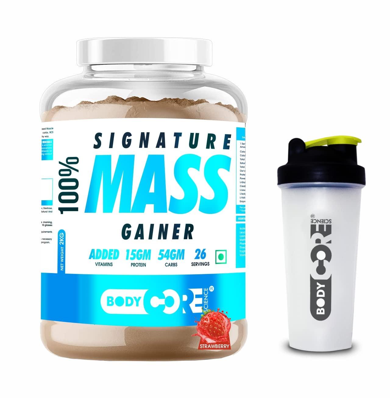 Body Core Science Body Core Science Signature 100% Mass Gainer (2Kg) | Weight Gainer | Muscle Gainer | Heavy Weigh Gainer | BCS Supplements (Strawberry, PO1+With Shaker)