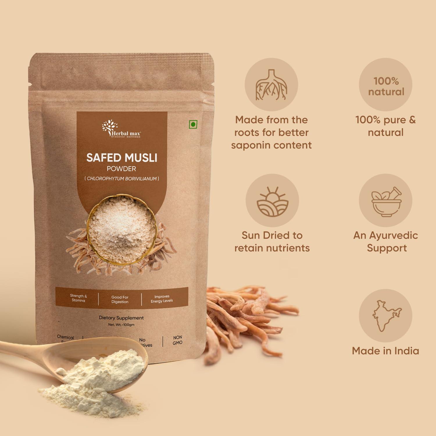 Herbal max Herbal max Organic Safed Musli Root Powder - 100 gm | Ayurvedic Support for Vitality & Performance | Herbal Supplement | Strength & Stamina