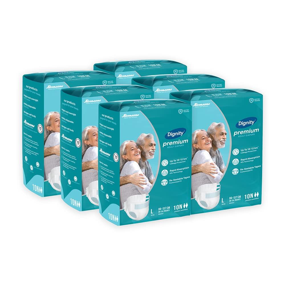 DIGNITY Dignity Premium Adult Diapers, Tape Style - 60 Count (Large) with Extra Absorbent Core, Wetness Indicator, Waist Size 38\" - 54\", 10 Pcs/Pack (Pack of 6)