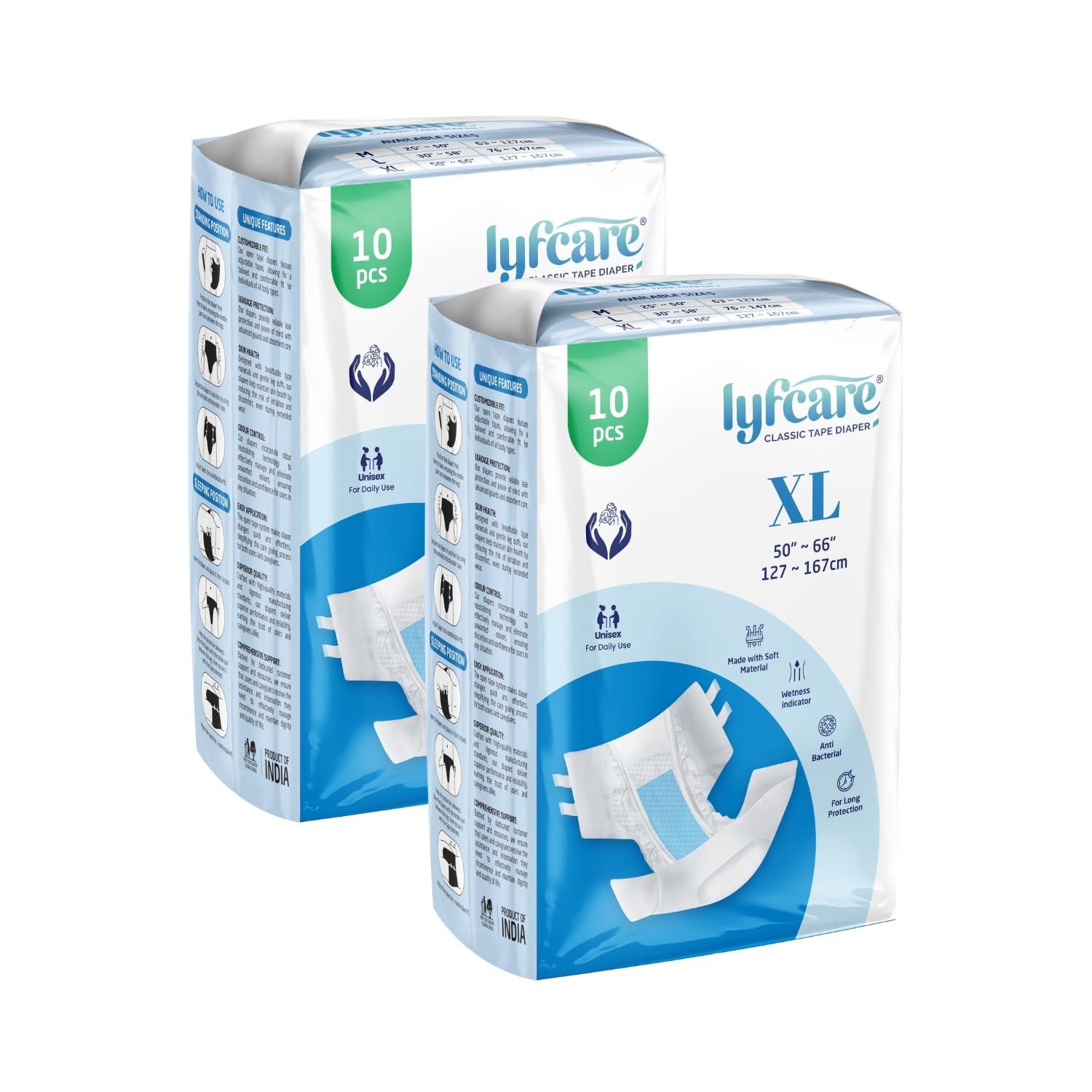 lyfcare Lyfcare Open Tape Adult Diaper Extra Large (XL) - 20 Units (Pack of 2) | Unisex Diapers Open Tape Style | Waist (127-167 cm) | Wetness Indicator, Super absorb, 360 Protection & 0% Leakage - Unisex