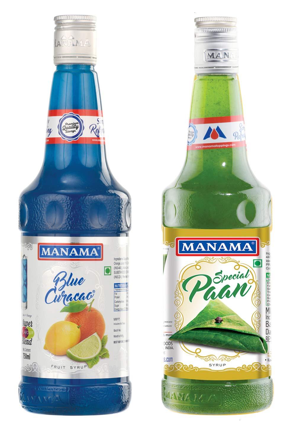 Manama Manama Blue Curacao Fruit Flavoured Syrup and Paan Flavoured Syrup, 750ML Each, Pack of 2