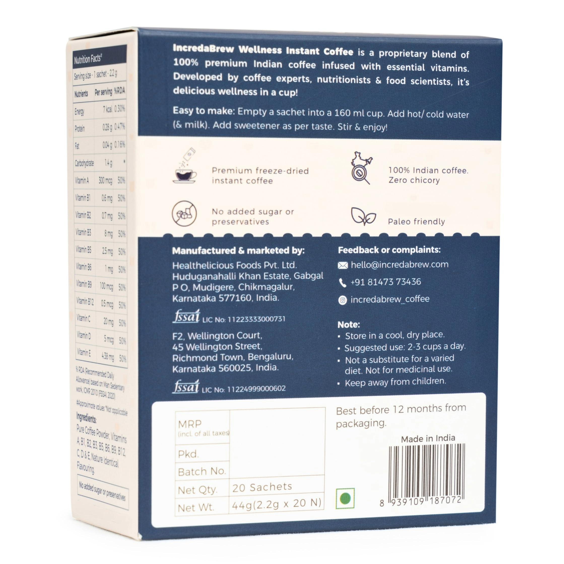 IncredaBrew IncredaBrew Gold Vitamin Rich Wellness Instant Coffee Vanilla Flavour | Pack of 20 Premium Coffee Powder Sachets | Healthy Coffee with 11 Essential Vitamins | Energy & Immunity Booster | Makes 20 Cups