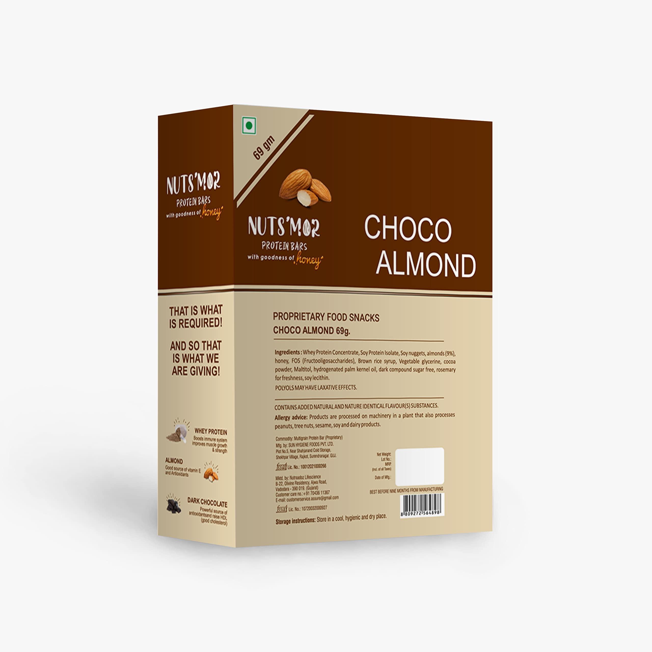 NUTS'MOR NUTS'MOR- Protein Bars-Choco Almond 21gm Protein Bar- Pack of 6 (6 x 69g) - No Added Sugar - All Natural