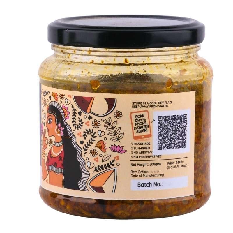 JhaJi - Taste of Mithila JhaJi - Taste of Mithila Oal Ginger Chilli Mix Pickle | Tangy, Spicy, And Gingery Aftertaste | Grated Jimikand Pieces | Sun-Dried | Bihari-Style Homemade Pickle, 500G
