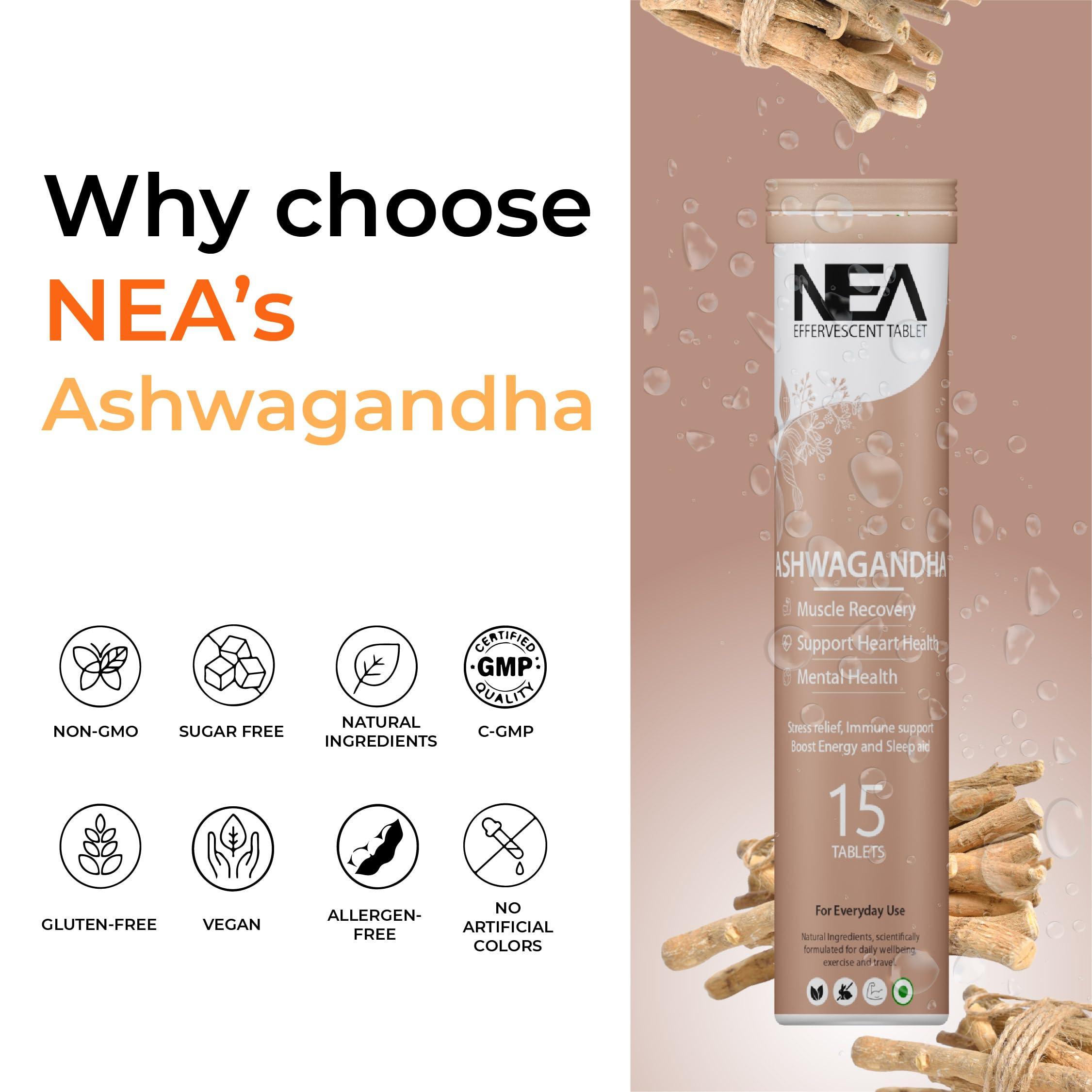 NEA Nea Ayurvedic Ashwagandha Effervescent Tablets | Stress Relief (45 Days Pack) | 3 Bottles of 15 Tablets Each