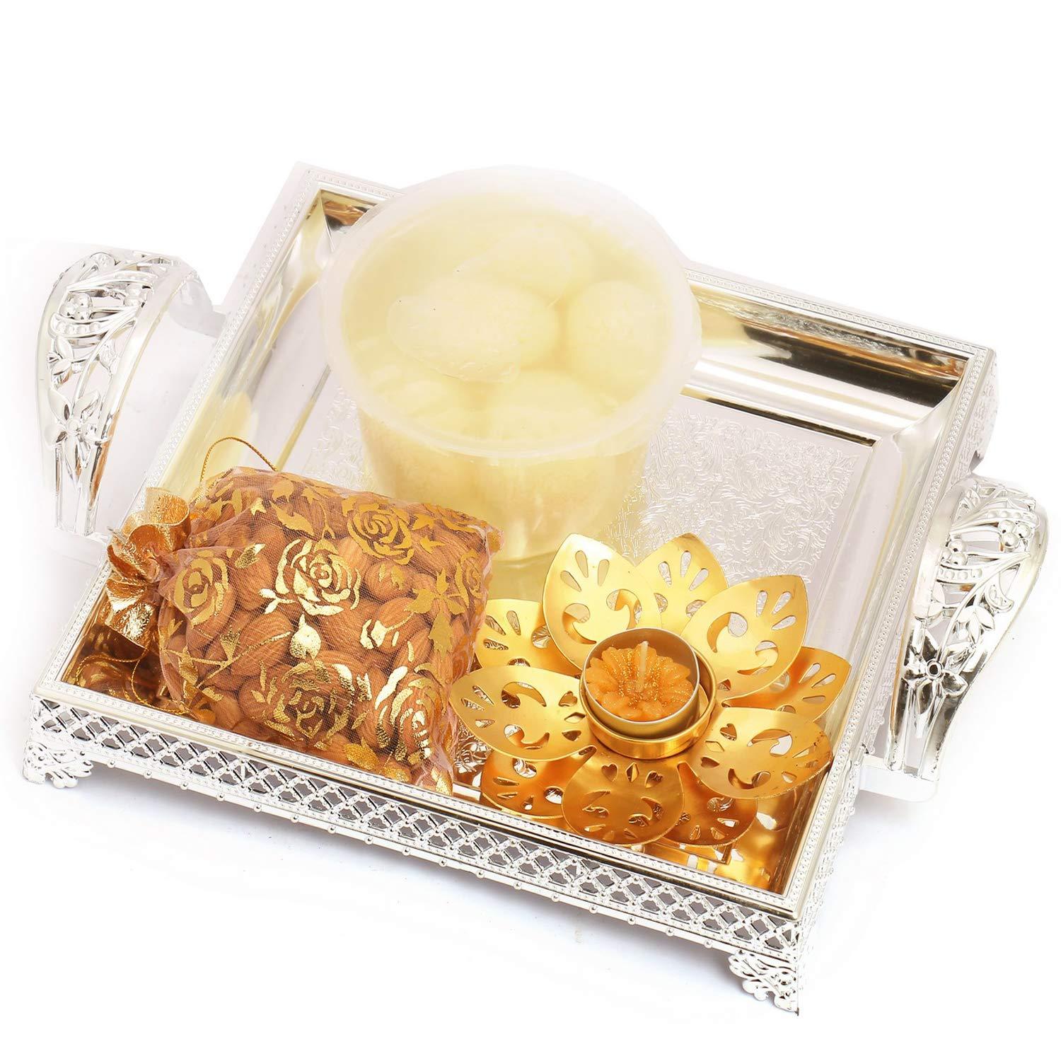 Ghasitaram Gifts Ghasitaram Gifts Silver Tray with Rasgulla, Almonds and Golden T-lite |Gift for Diwali,Holi,Rakhi,Valentine,Christmas,Birthday,Anniversary,Gift for Her,Him,Mothers Day,Fathers Day|