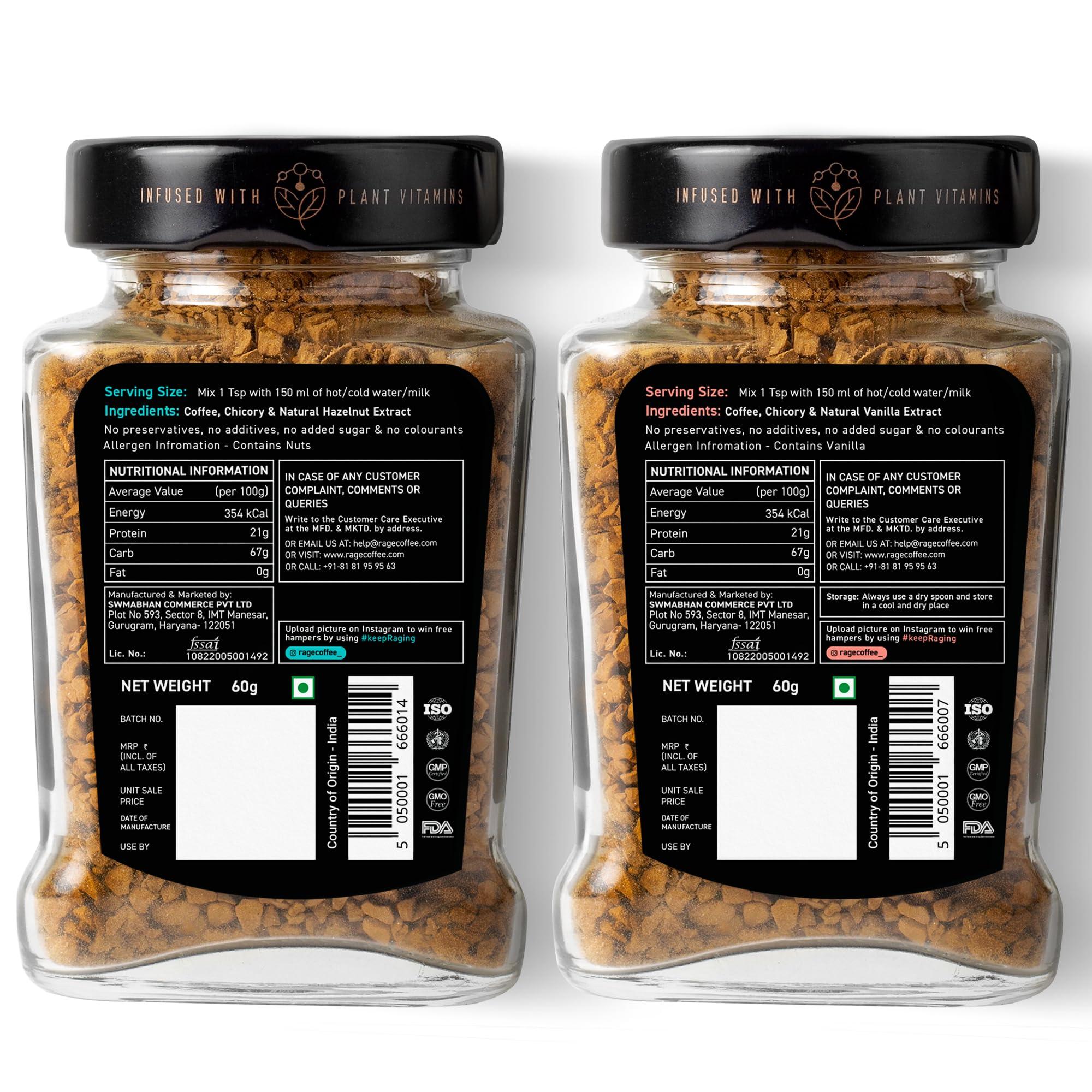 RAGE COFFEE Rage Coffee Silk Blend Instant Coffee | Creamy Hazelnut & Vanilla Velvet Silk Blend Flavoured Coffee 60 GMs Each | 100% Pure Instant Coffee | Premium, Bold & Smooth | Pack of 2