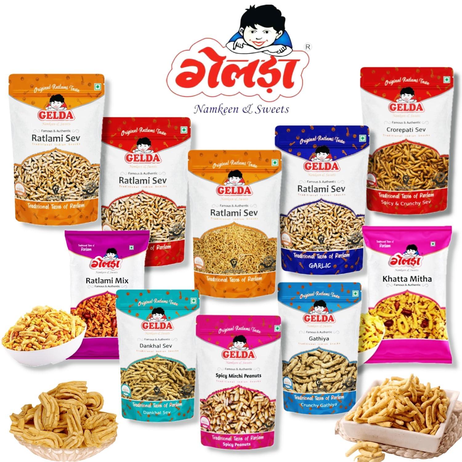 GELDA Gelda 1 Kg Namkeen Ratlami Snacks | Handmade and Healthy Namkeen Snacks | Orignal Ratlami Evening Snacks (Garlic Gathiya)