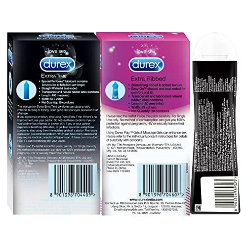 Durex Durex Pleasure Packs (Condoms - 10 Count (Pack of 2, Extra Time), Condoms - 10 Count (Pack of 2, Extra Ribbed), Pleasure Gel - 50 ml (Intense))