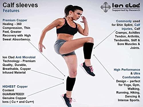 Ion Clad Ion Clad Copper Compression Calf Sleeve- Shin Support Socks for Relief from Leg Cramps, Shin Splints, Varicose Veins Injury Pain Guard - Recovery for Men & Women-Sports, Gym & Running (M)
