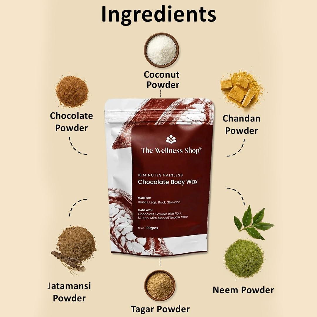The Wellness Shop The Wellness Shop - Women Chocolate Hair Removal Powder, 10 Minute Full Body Waxing Powder, Painless And Natural Solution For Unwanted Hair And Parlour Like Result At Home