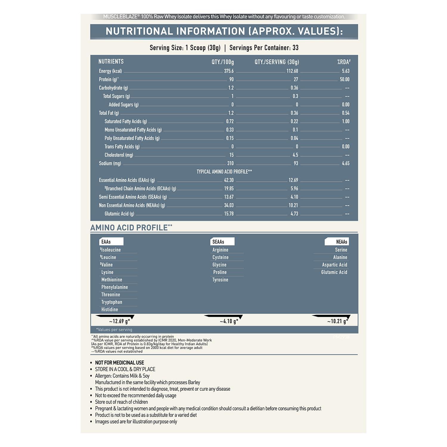 MuscleBlaze MuscleBlaze 100% Clean Raw Whey Protein Isolate (Unflavoured, 1kg) | 27g Protein per Scoop | Easy to Digest