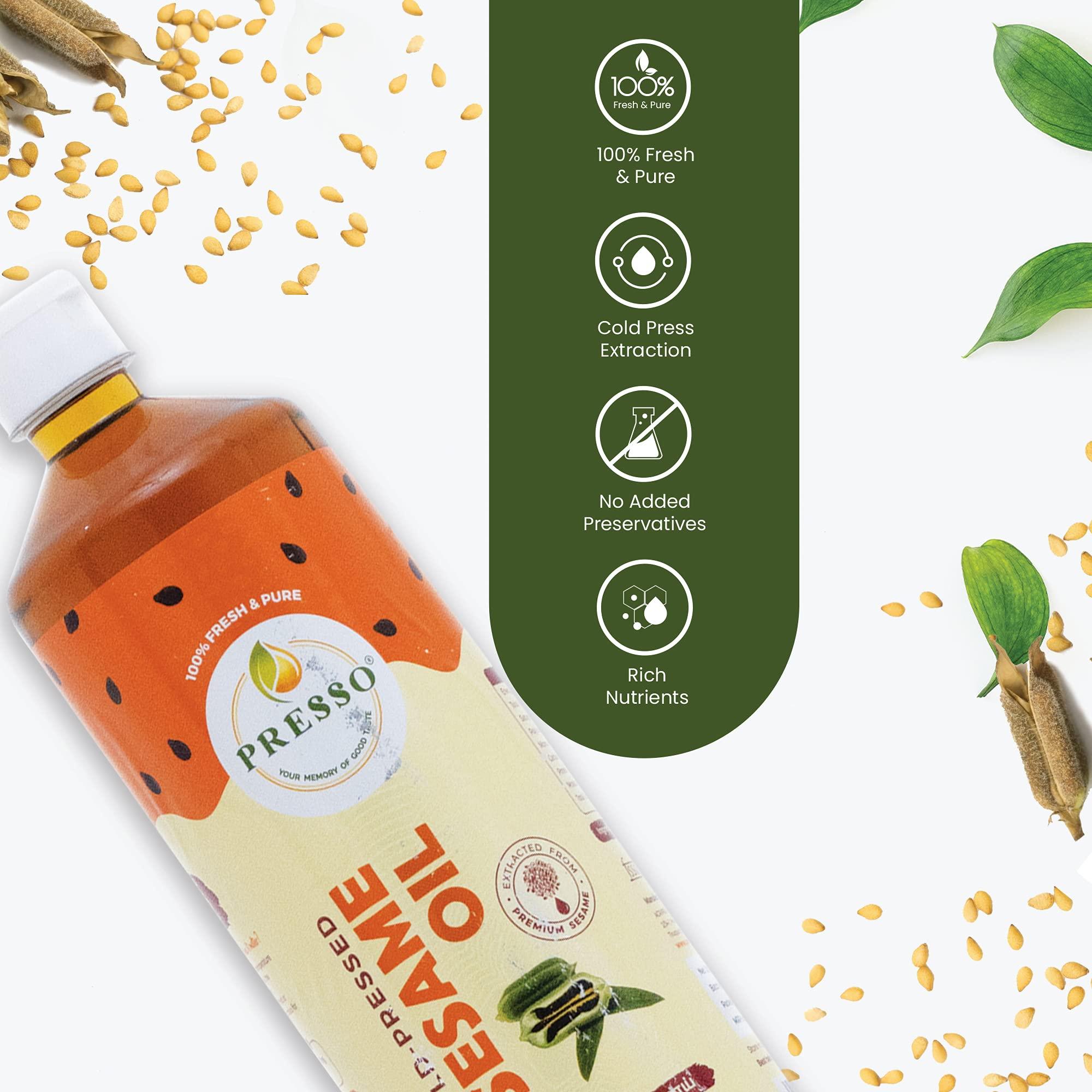 Presso PRESSO Fresh & Pure, Cold Pressed Natural Sesame (Gingelly) Oil | Chekku/Ghani | Cooking, Skin Care, Hair Care, Bone Health | Rich in Minerals | No Preservatives (1 Litre)