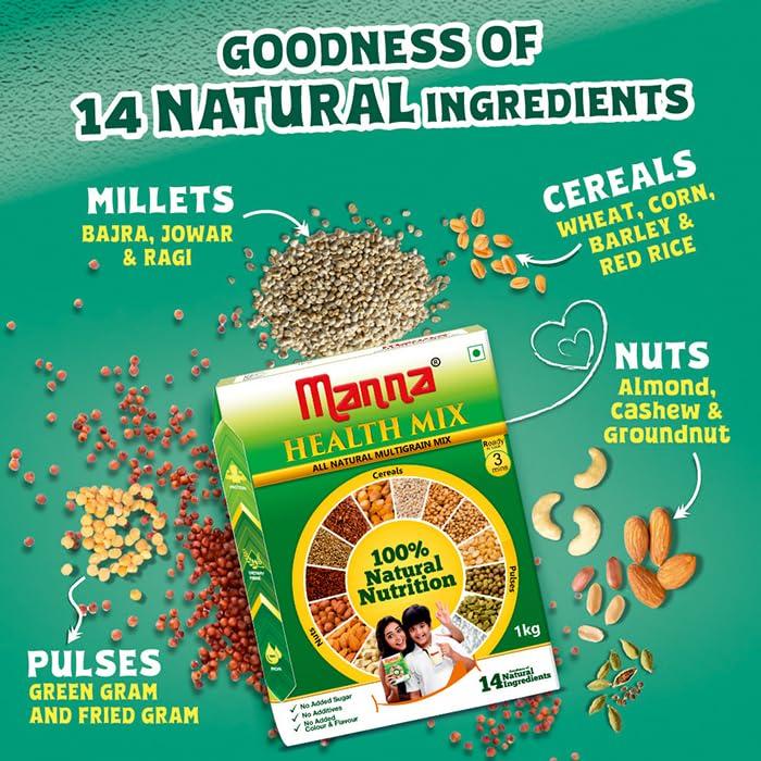 Manna Manna Health Mix, All Natural Kids Nutrition Drink, with 14 Ingredients, Zero Sugar. 100% Natural Nutrition 500g (250g, Pack of 2)