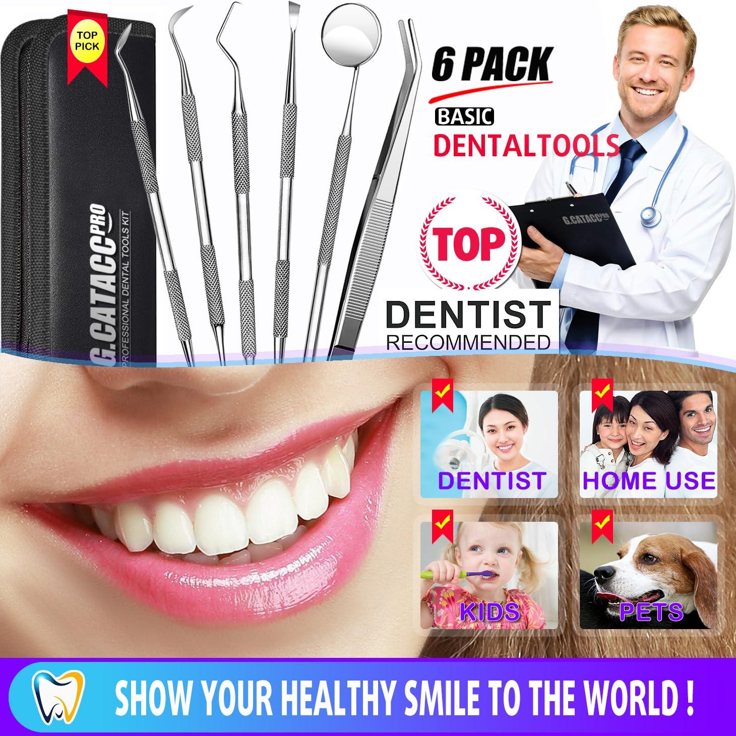 G.CATACC G.CATACC Dental Tools, Dental Pick Plaque Remover, Dental Scaler, Dental Floss, Teeth Cleaning Dental Hygiene Kit - 6 Pack (Silver)