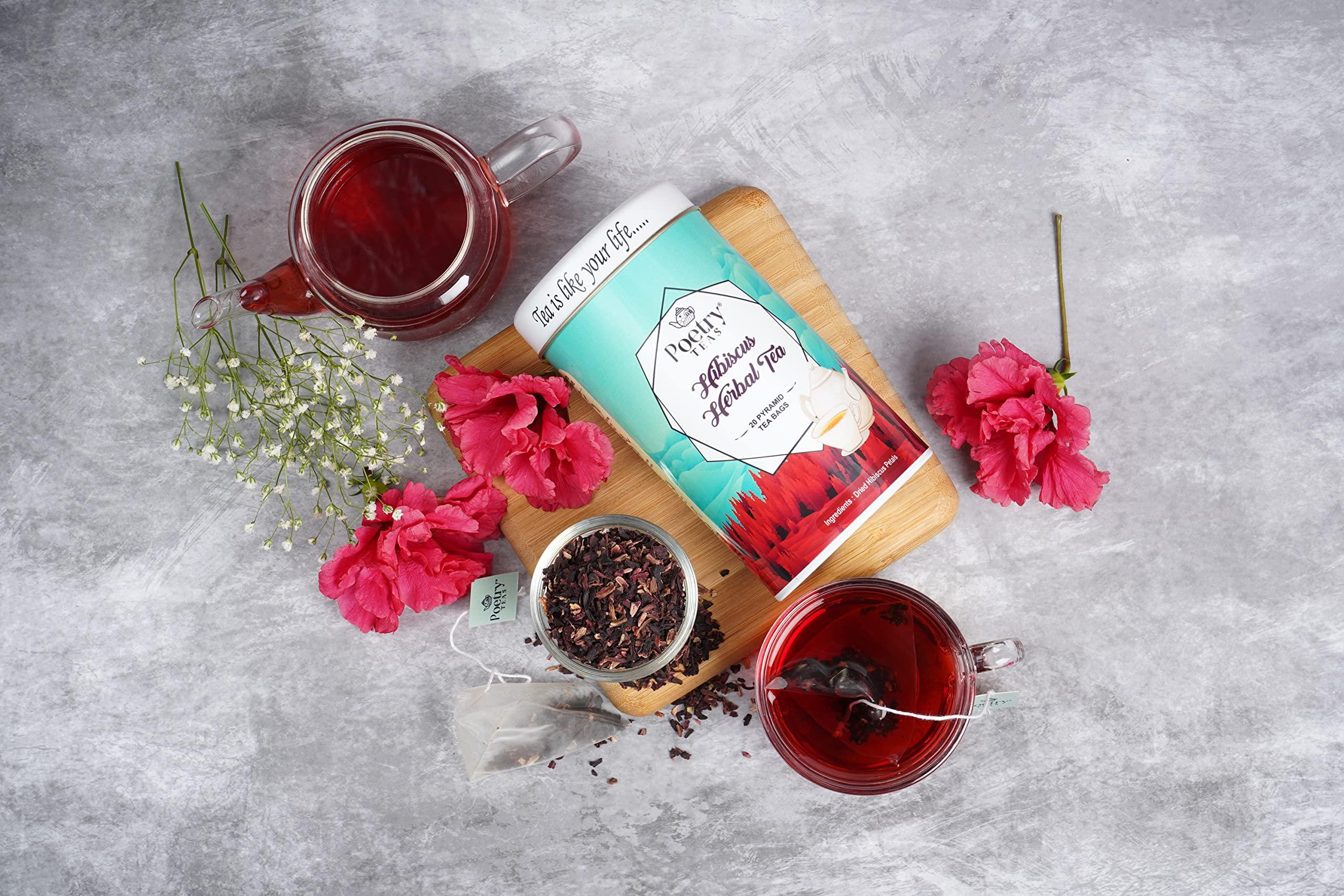 Poetry Poetry Teas Duo - Jasmine Tea Bag (20 Bags) + Hibiscus Loose Tea (75g) - 100% Natural Blend for Healthy Skin, Refreshing Immune Support, Vegan-Friendly, Mood Enhancement, Stress Buster (Combo of 2)