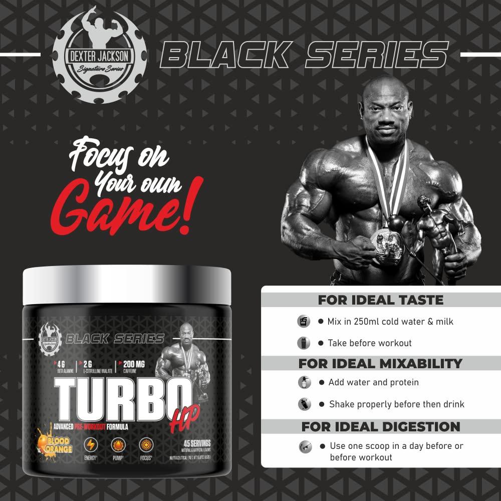 Dexter Jackson Signature Series Dexter Jackson Black Series Turbo HP Pre Workout | Advanced Formula Blood Orange Flavor | 45 Servings, 450g | Boost Energy and Performance