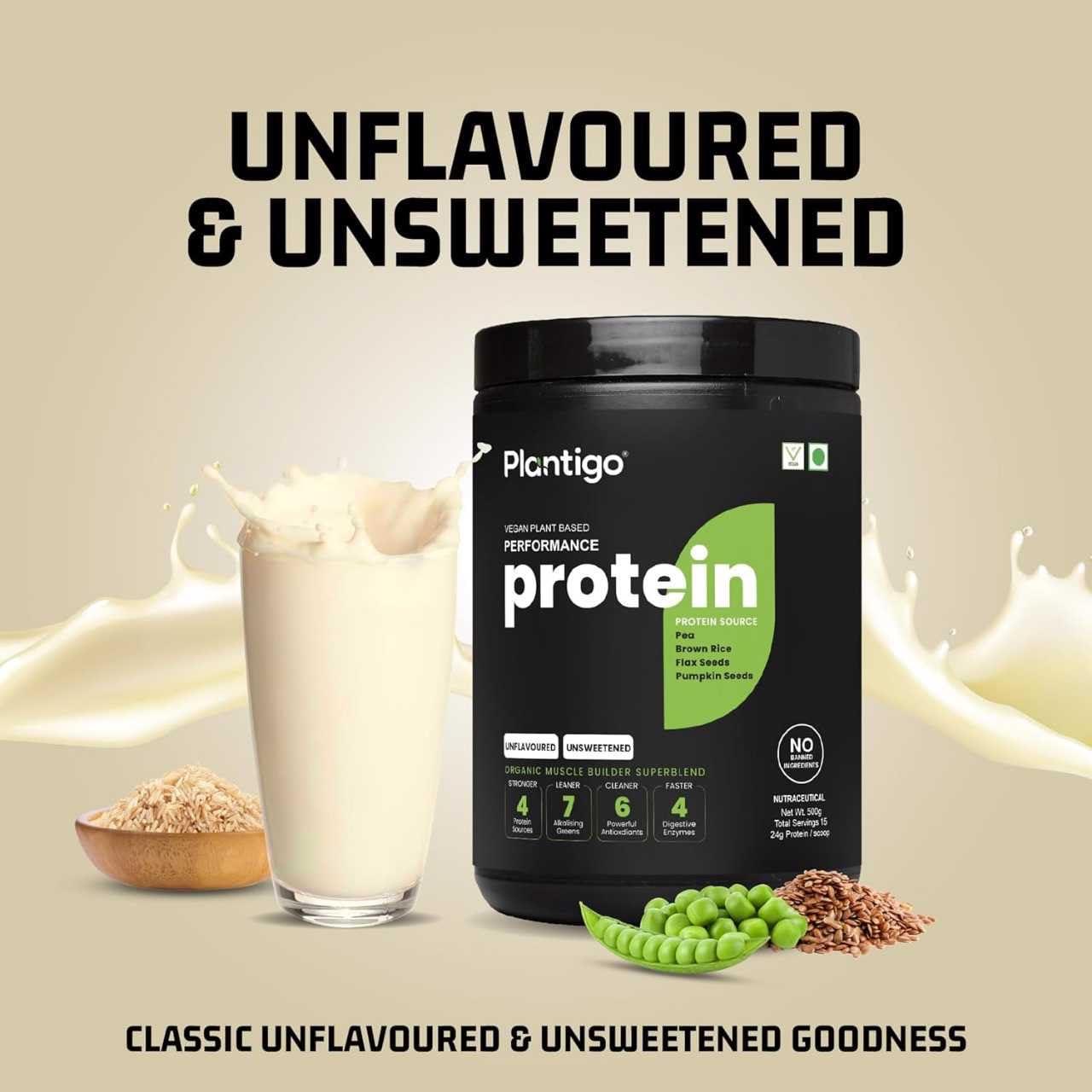 PLANTIGO Plantigo Plant Protein Powder 500g - Unsweetened, Unflavoured, No added Sugar & Sweetener | Plant Based Vegan Pea Protein Powder |24g Protein, BCAA, Fiber - Men & Women Muscle Growth, Cooking, Baking