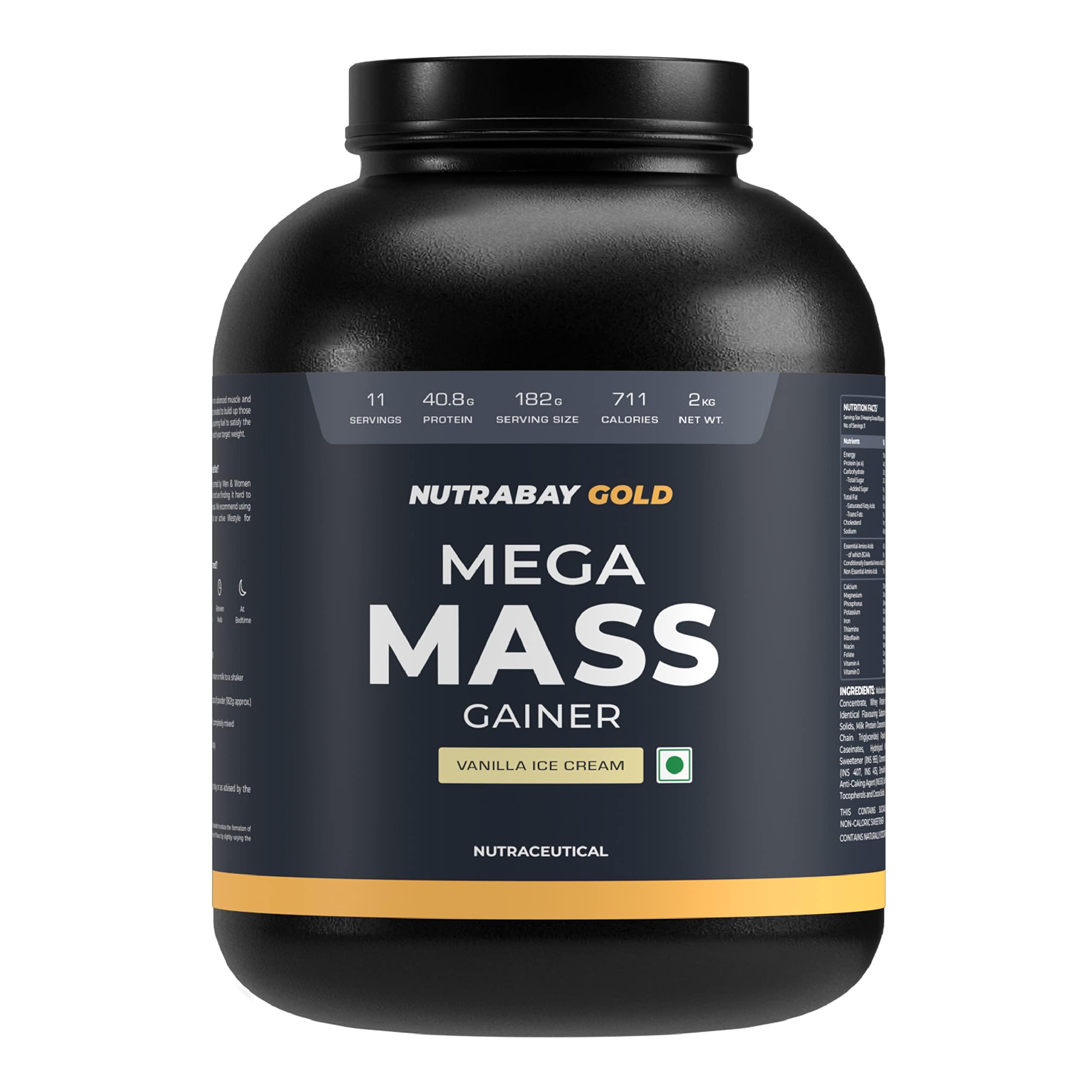 Nutrabay Nutrabay Gold Mega Mass Gainer Powder - 2kg, Vanilla Ice Cream | 100% Veg | 40.8g Protein, 123g Carbs, 711 Calories | Muscle Building & Weight Gainer Supplement for Men & Women