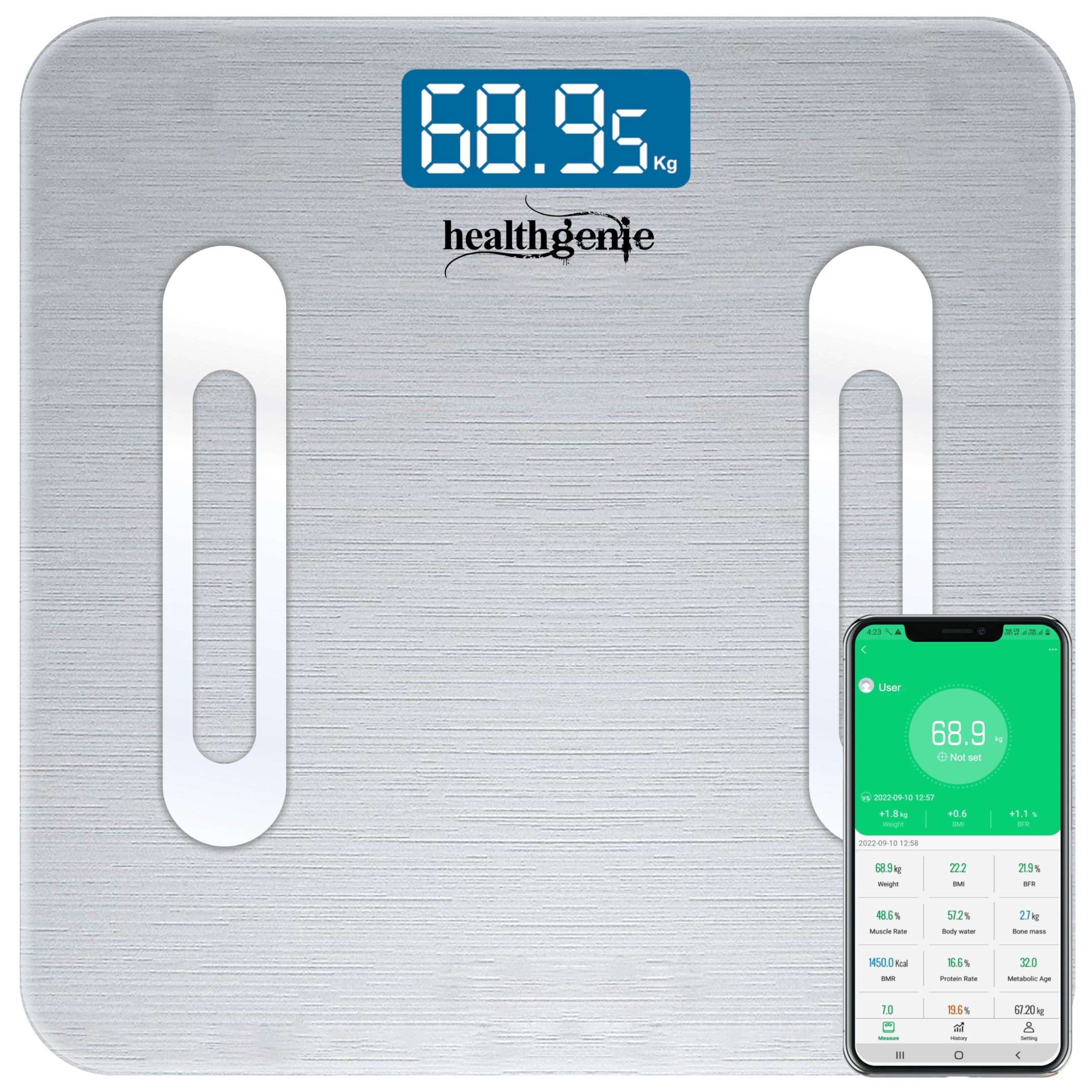 Healthgenie Healthgenie Smart Bmi Weight Machine For Body Weight With 18 Body Parameters Sync With Mobile App, 2 Yrs Warranty Bluetooth Weighing Machine Metallic Shine (Hb-411), 180 kg