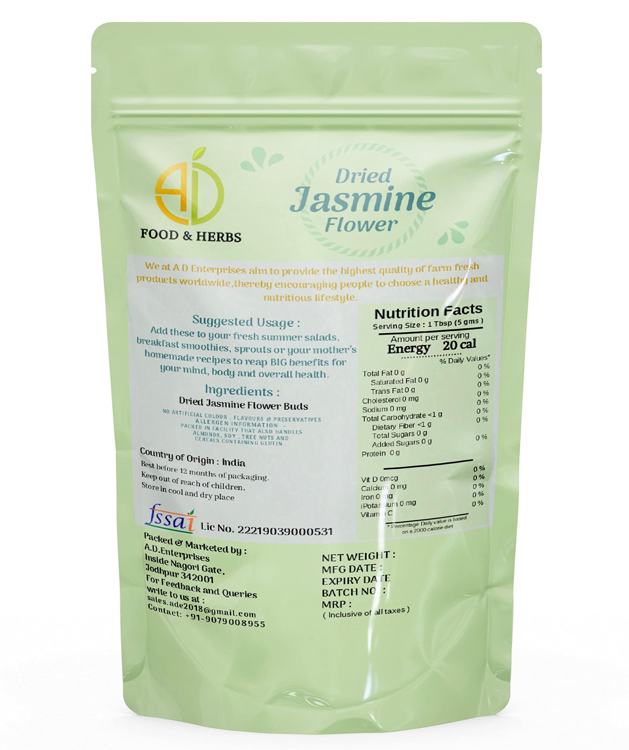 A D FOOD & HERBS A D Food & Herbs Dried Jasmine Flower / Chameli ke phool Aromatic Petals Aromatic Edible for Homemade Lattes, Tea Blends, Bath Salts, Gifts, Crafts 500 GMS