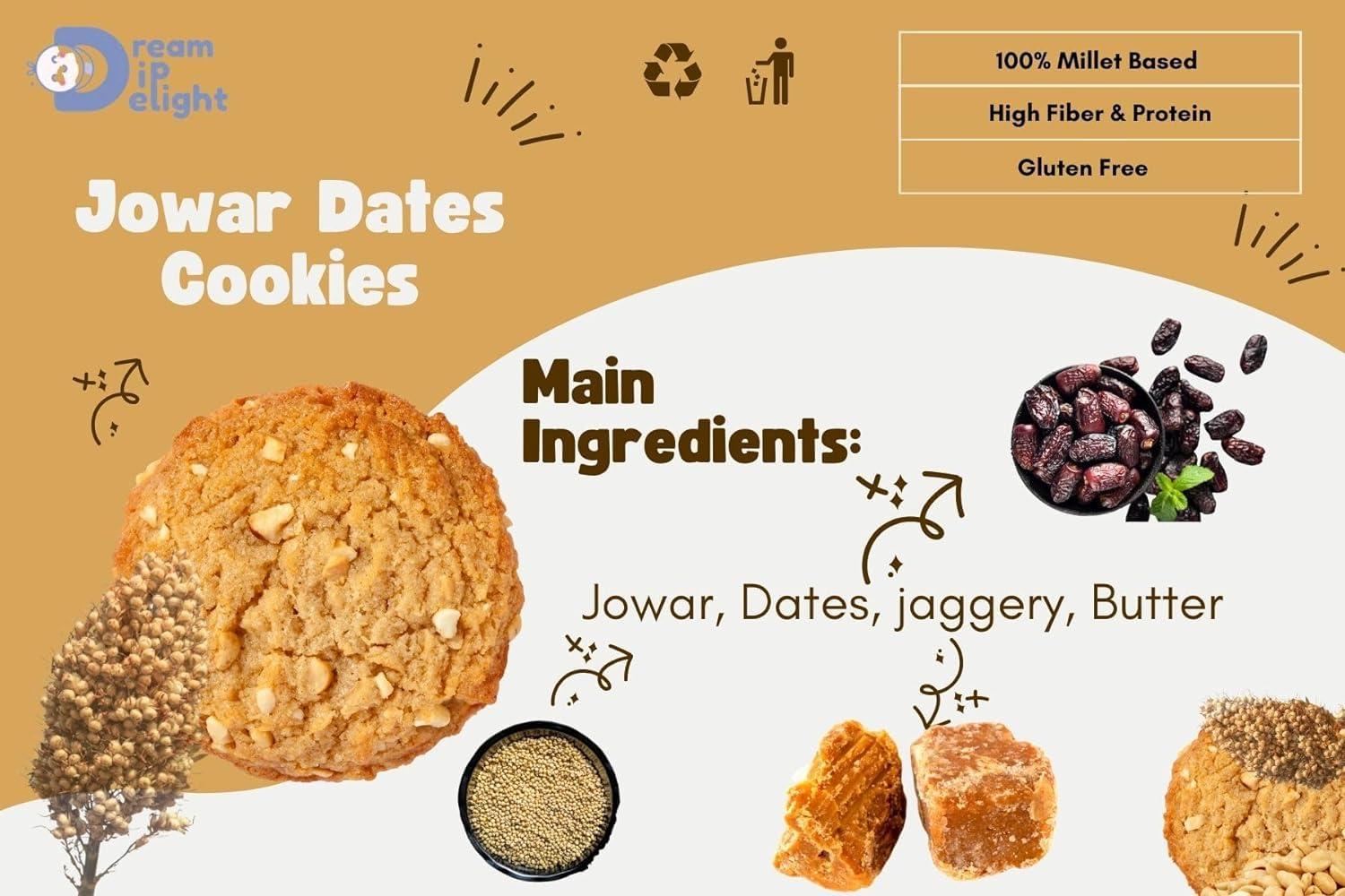DREAM DIP DELIGHT Dream Dip Delight Ragi Almond Cokkies & Jowar Dates Cookies Assorted Pack of 2| Tasty & Healthy Cookies For kids & Adults | Jaggery Cookies with no MaidaGluten-Free | 300gm (150 gm each Pack of 2)