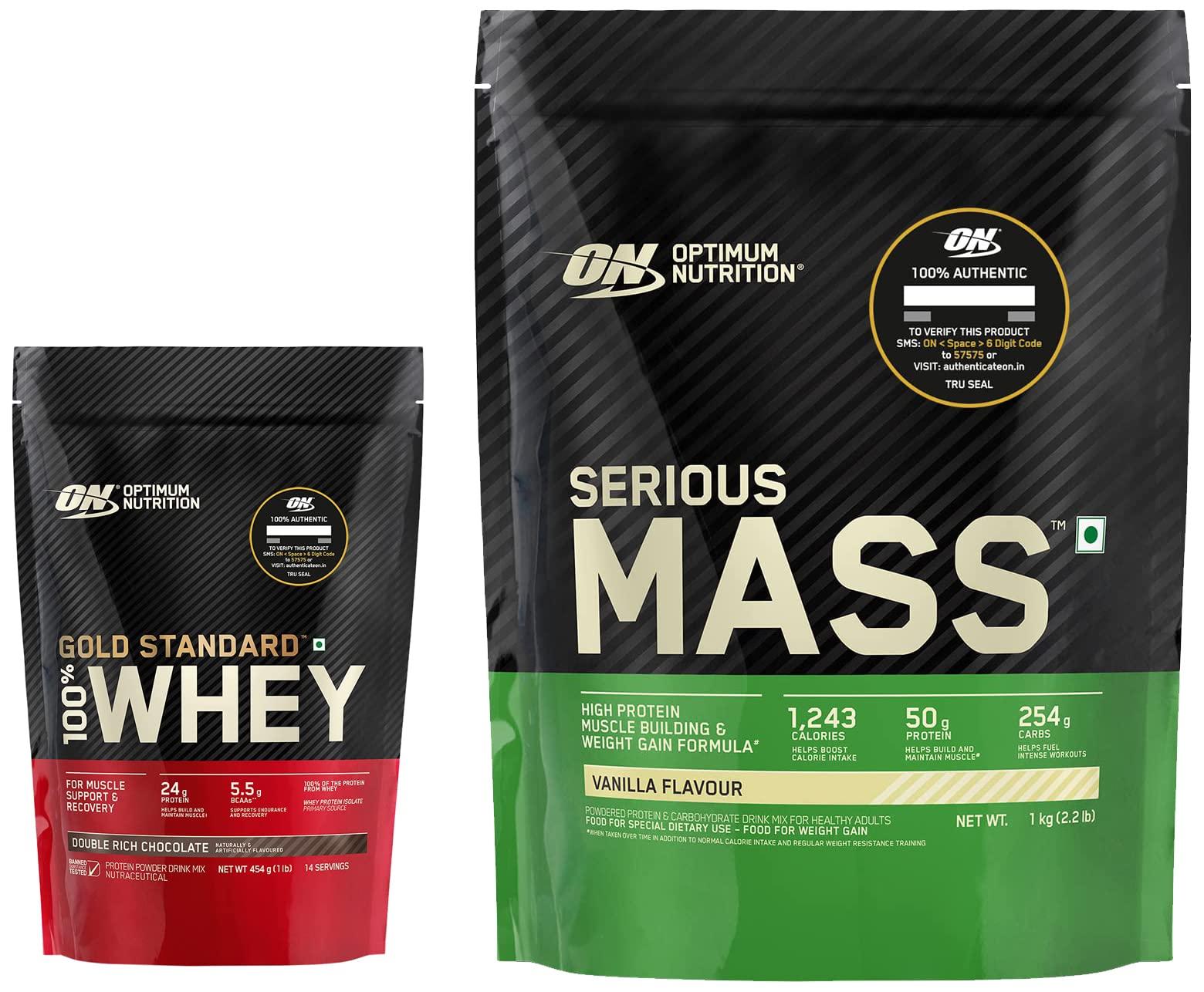 OPTIMUM NUTRITION Optimum Nutrition (ON) Gold Standard 100% Whey Protein Powder 1 lbs, 454 g (Double Rich Chocolate) & Serious Mass Gainer (Veg), High Protein High Calorie Weight Gainer - 1 kg (Vanilla)