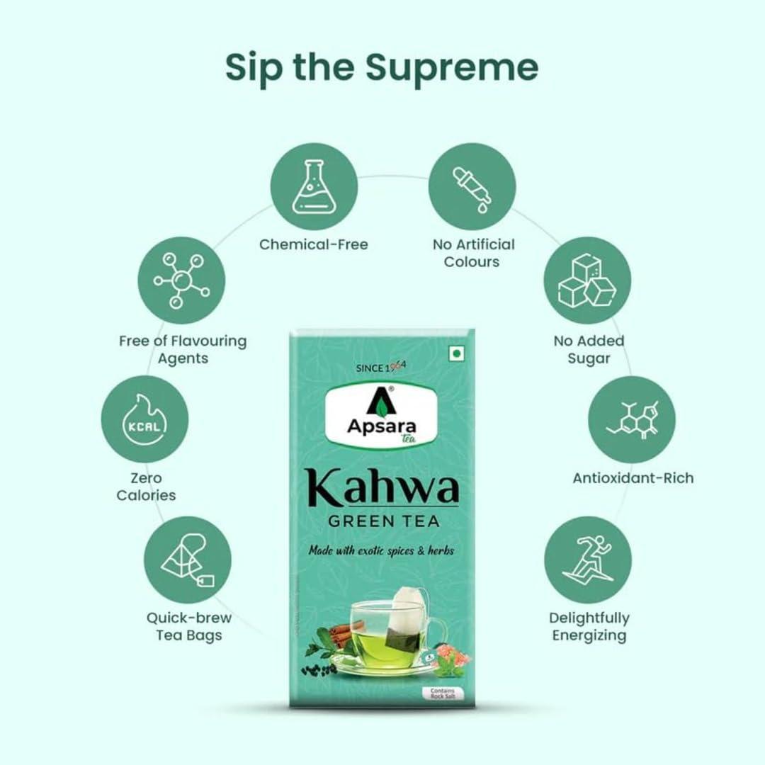 APSARA APSARA Detoxifying Kahwa Green Tea - 100 Tea Bags, Spiced Kashmiri Desi Kahwa Green Tea, Immunity Booster, Blended with Rock Salt, Tulsi, Cardamom, Cinnamon, Black Pepper, Ashwagandha Tea
