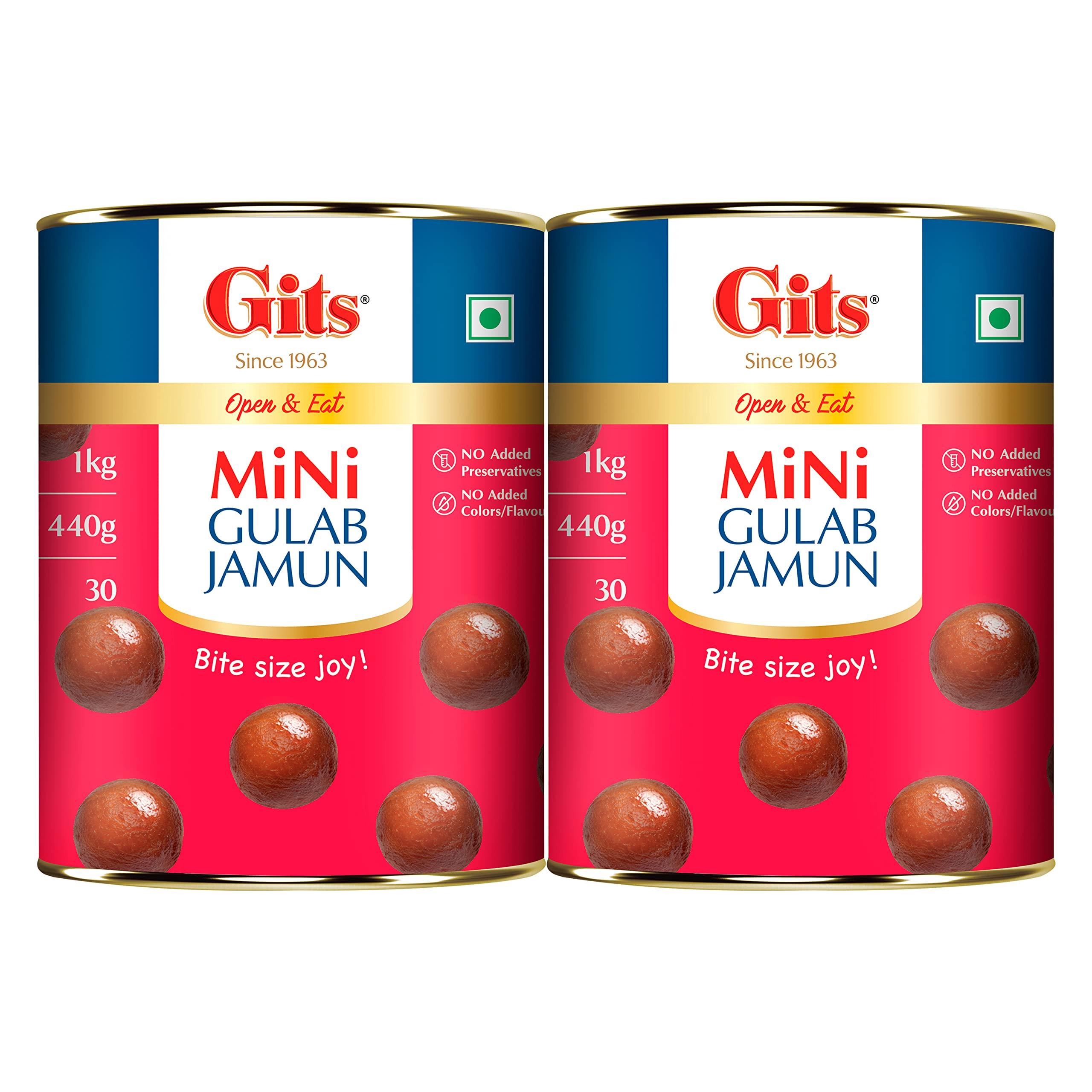 Gits Gits Open & Eat Mini Gulab Jamun, 30 Pieces Per Can, Mouth-Watering Indian Mithai, 2Kg (Pack of 2 x 1Kg Each)