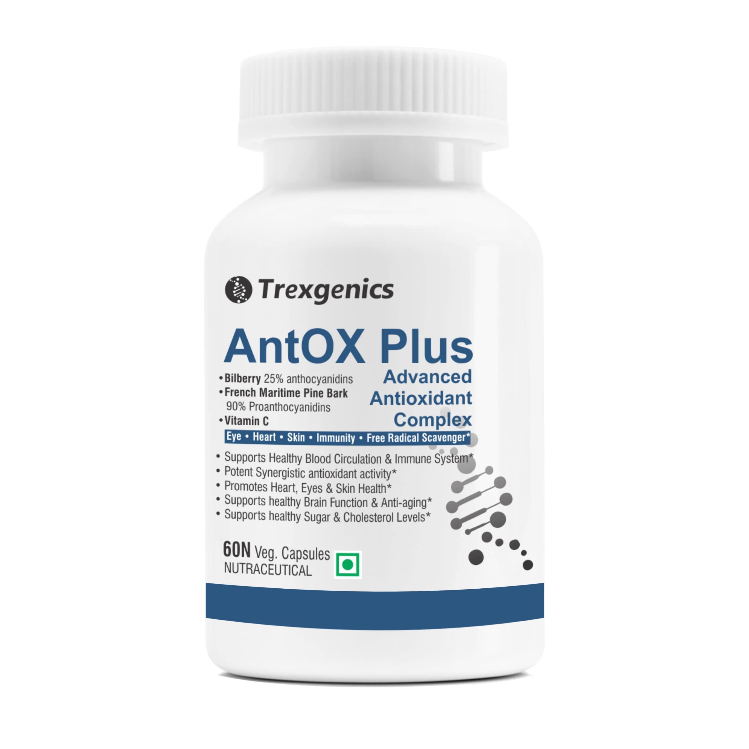 Trexgenics Trexgenics ANTOX PLUS Bilberry 25% 200 mg, Pine bark 90% 200 mg & Vitamin C Advanced Antioxidant complex, Heart, Eyes, Skin, Immunity, Metabolism (60 Vcaps) (1)