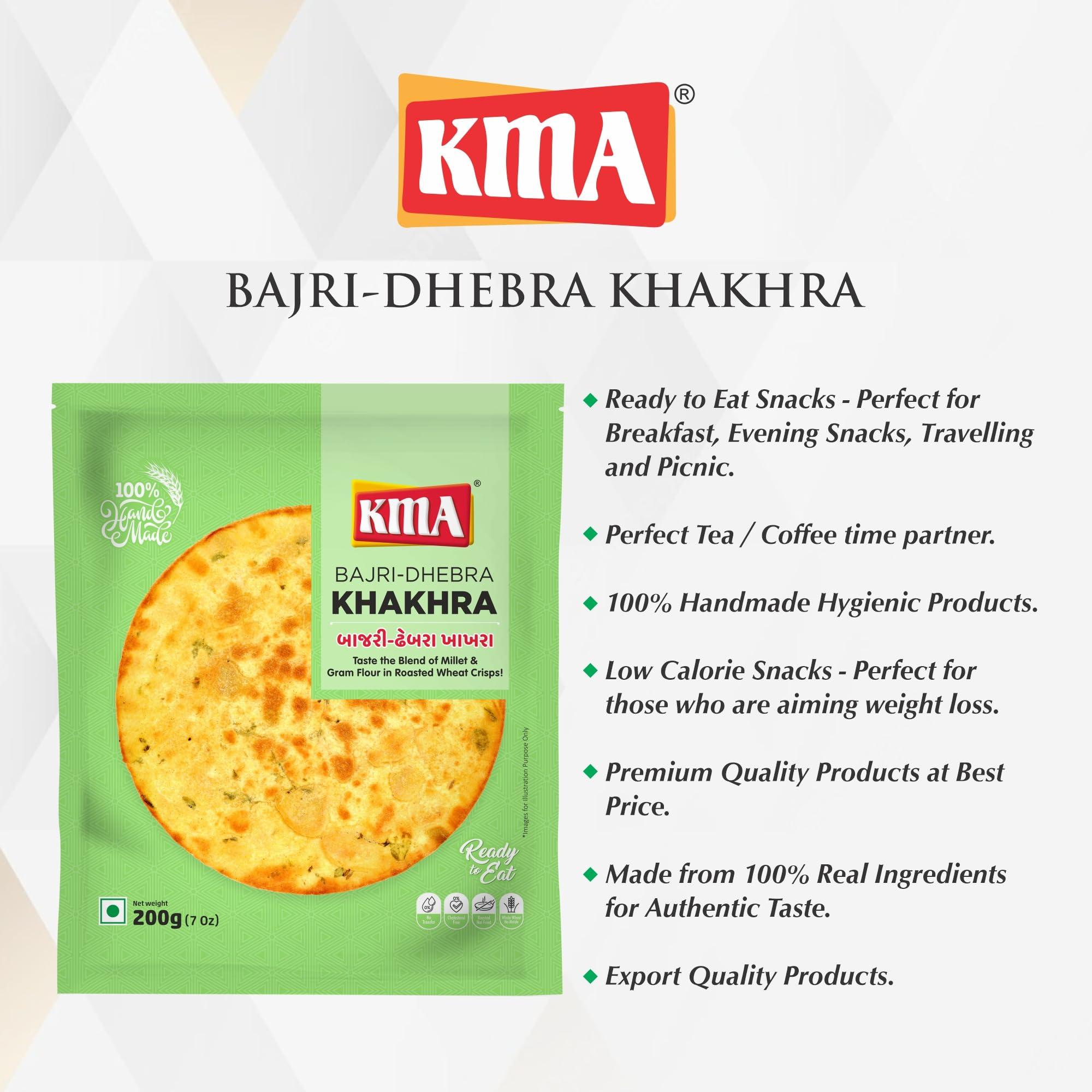 KMA KMA Bajri Dhebra Khakhra 600g (3 packs * 200g each) - Handmade Roasted Fresh Gujarati Snacks , Crispy & Nutritious with Rich Flavor of Millet & Garlic , Healthy Diet , Ready to Eat Indian Multigrain Delight , Easy to Carry , Low Calorie Snack
