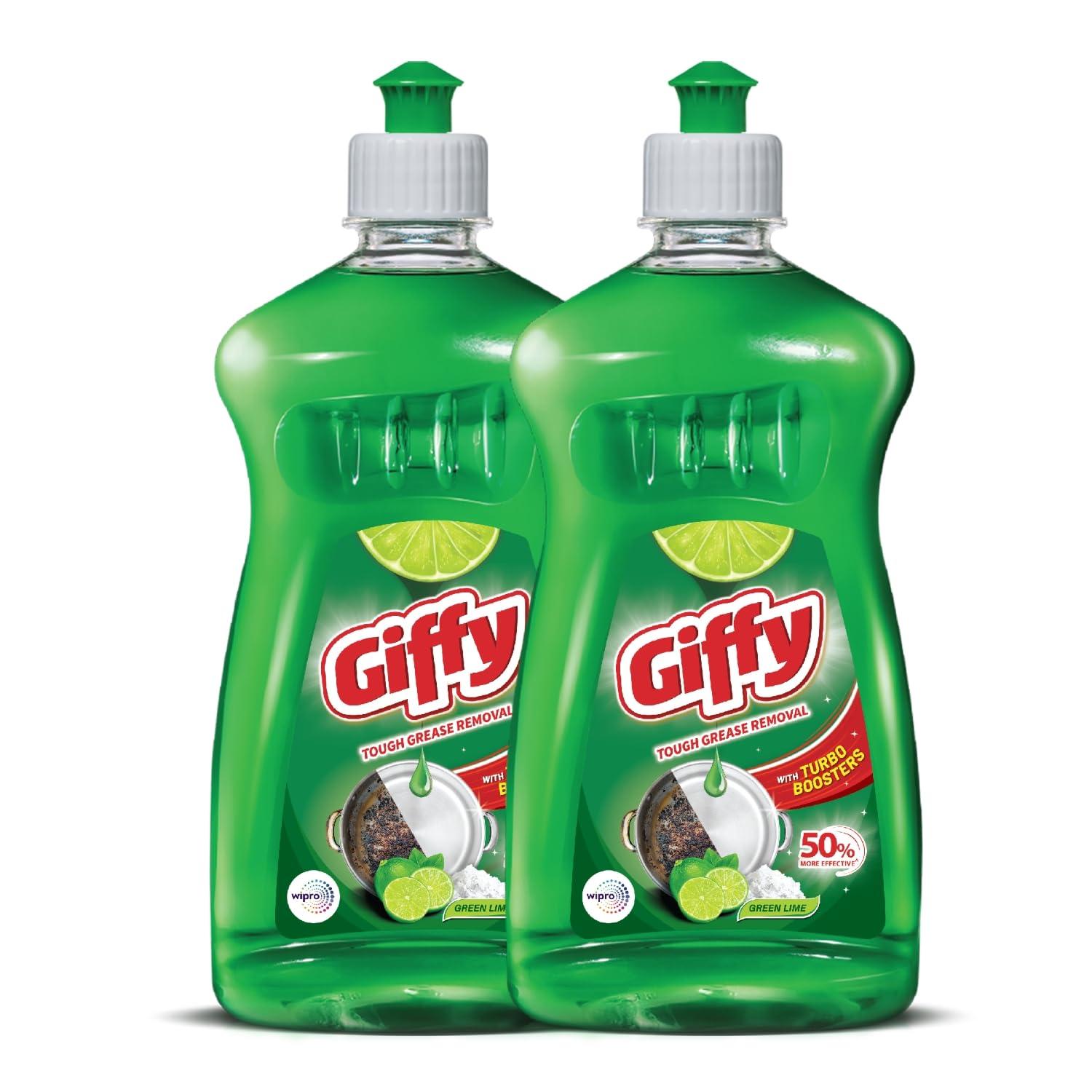 Giffy Giffy Concentrated Liquid Dish Wash Gel 500ml Pack of 2 with Active Salt & Lime| 2x Faster Tough Grease Removal & Mild Fragrance| Removes Tough Malodour| Leaves No White Residue| Hand-Safe