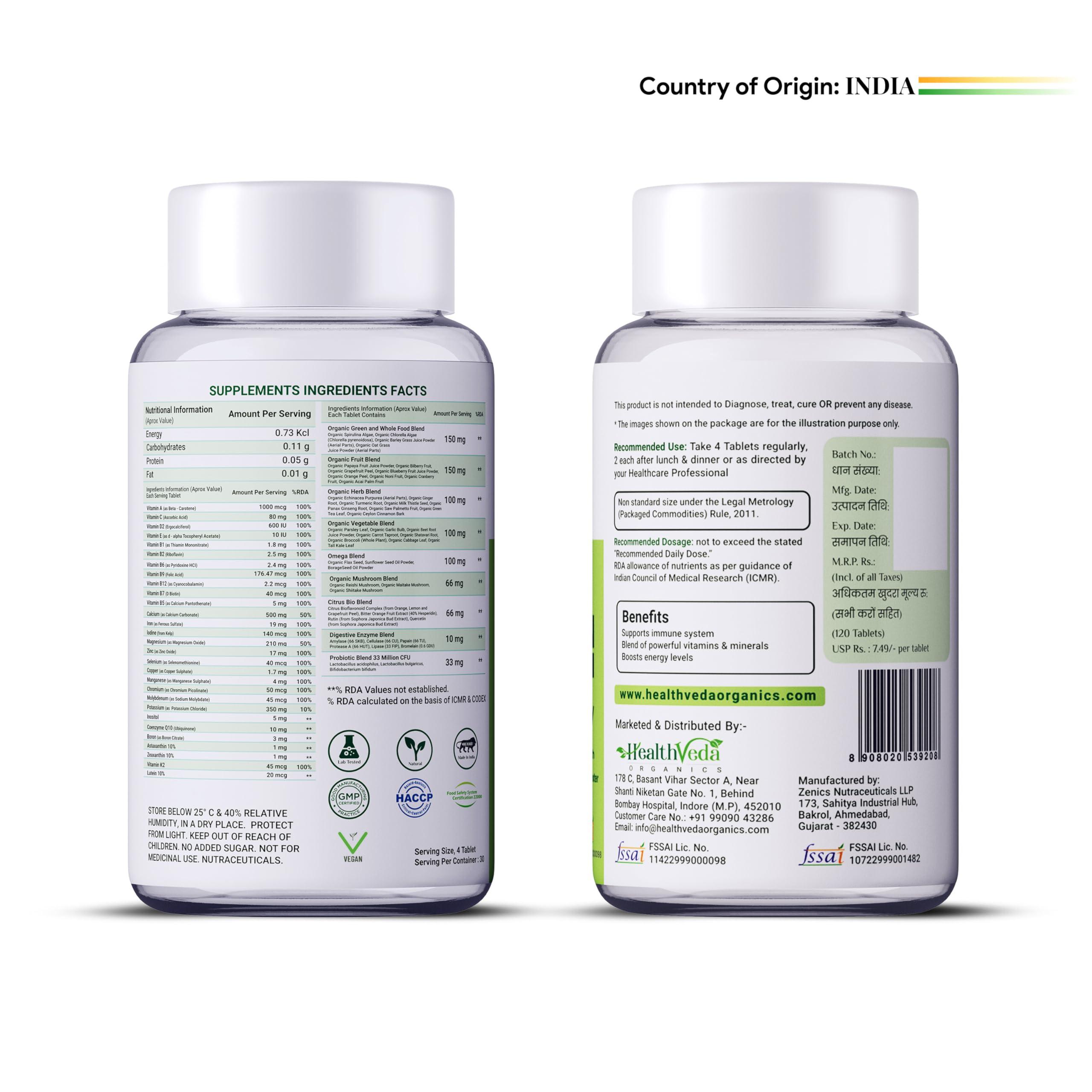 Health Veda Organics HEALTH VEDA ORGANICS PRIVATE LIMITED Whole Food Multivitamin With Natural Vitamins & Minerals I 120 Veg Tablets I Best For Energy, Brain, Heart & Eye Health I For Both Men & Women