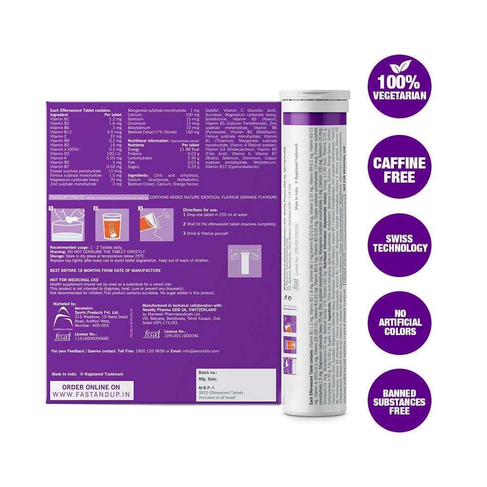 FAST&UP Fast&Up Vitalize Multivitamin Supplement 21 Vitamins And Minerals - 60 Tablets & Fast&Up Magnesio - Magnesium and Zinc for Muscle Health and Stress - 20 Effervescent Tablets - Lime and Lemon Flavor