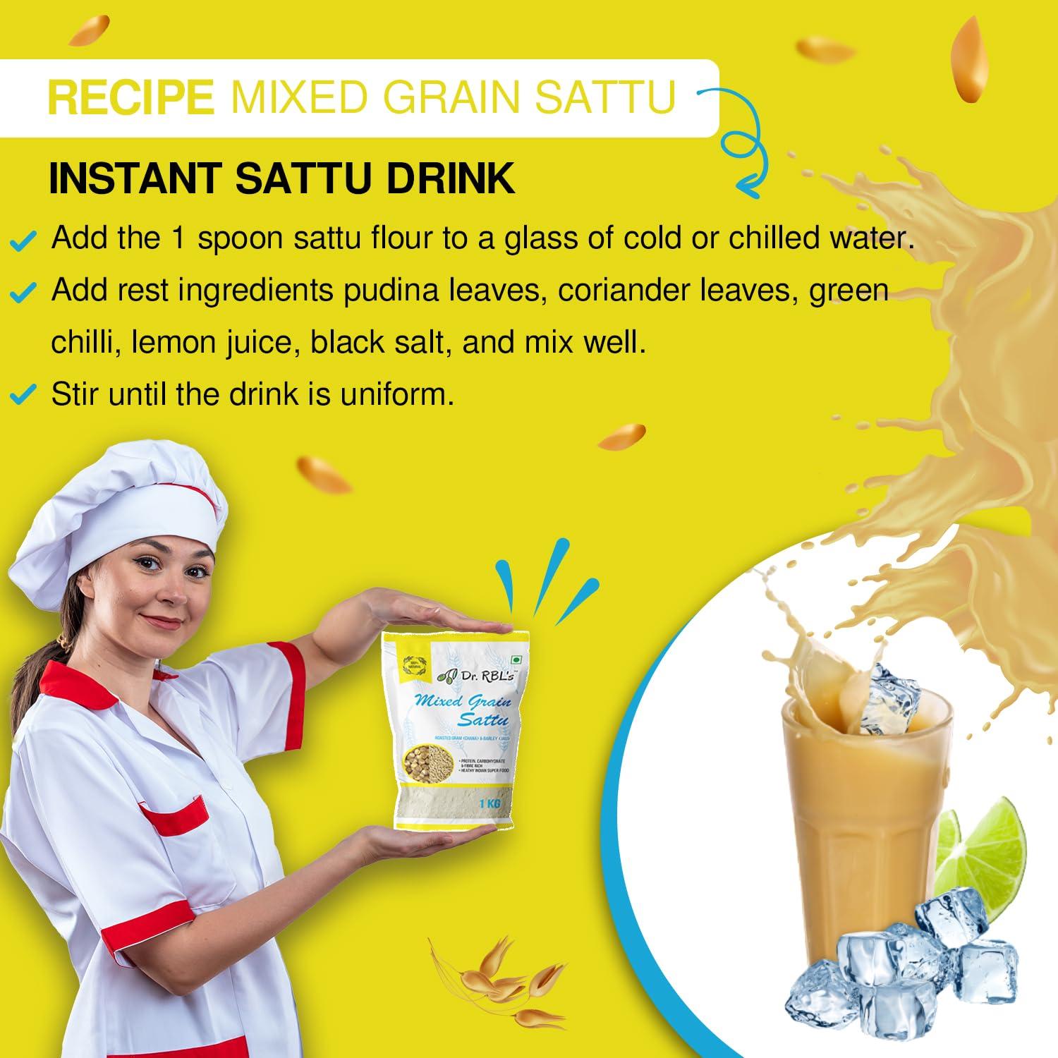 Dr. RBL's Dr. RBL's Sattu Powder | Mixed Grain Sattu Atta - Chana Sattu with Jau | Instant Sattu Drink 100% Natural & Fresh| Fibre - Rich High Protein Sattu Chana Flour | 1Kg Pack