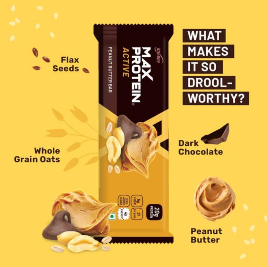 RiteBite Max Protein RiteBite Max Protein Active Peanut Butter Protein Bars with 20g Protein, 5g Fiber & 21 Vit. & Minerals | 0 Added Sugar, No Cholesterol & Trans Fat For Upto 4h of Energy, Healthy Snack, 70g (Pack of 6)