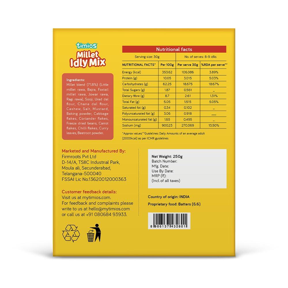 Timios Timios Instant Millet Idly mix | Easy & Ready to Cook Instant Millet Breakfast Mix for Kids | Rich in Protein & High Fiber| 250 g