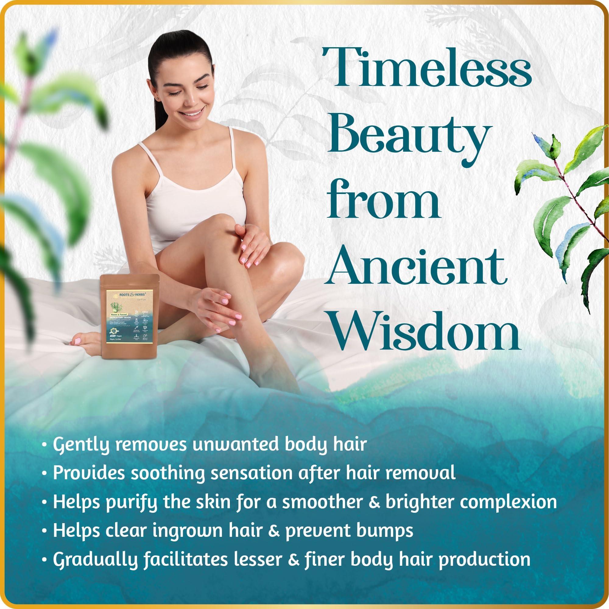 ROOTS AND HERBS ROOTS AND HERBS Vegan Hair Removal - Neem and Fennel Depilatory Mask - Men and Women's Facial Hair Removal for sensitive skin, Organic Hair remover, Pubic, Bikini, Leg Mask, Powder Waxing (2.47 Ounce)